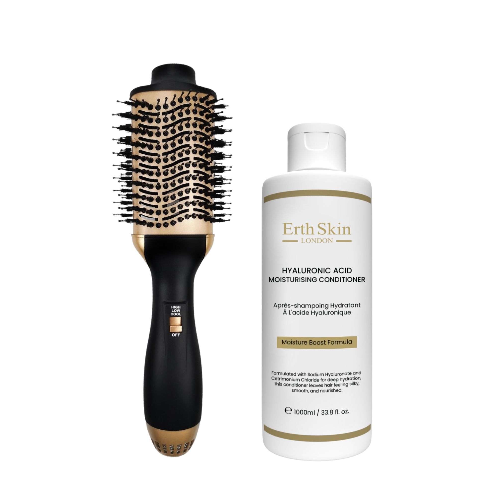 Schwarzer und goldener Haartrockner-Bürstenkombination neben einer weißen Flasche Feuchtigkeitsconditioner.