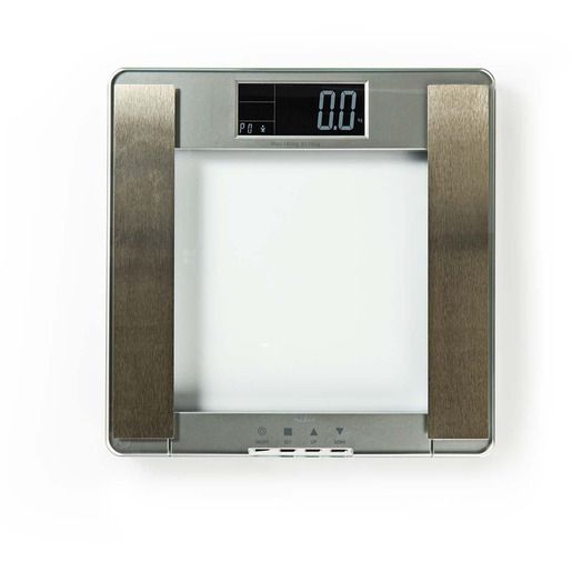 Digitale Personenwaage mit silberfarbenem Rahmen und gehärtetem Glas. Digitalanzeige mit '0.0'.