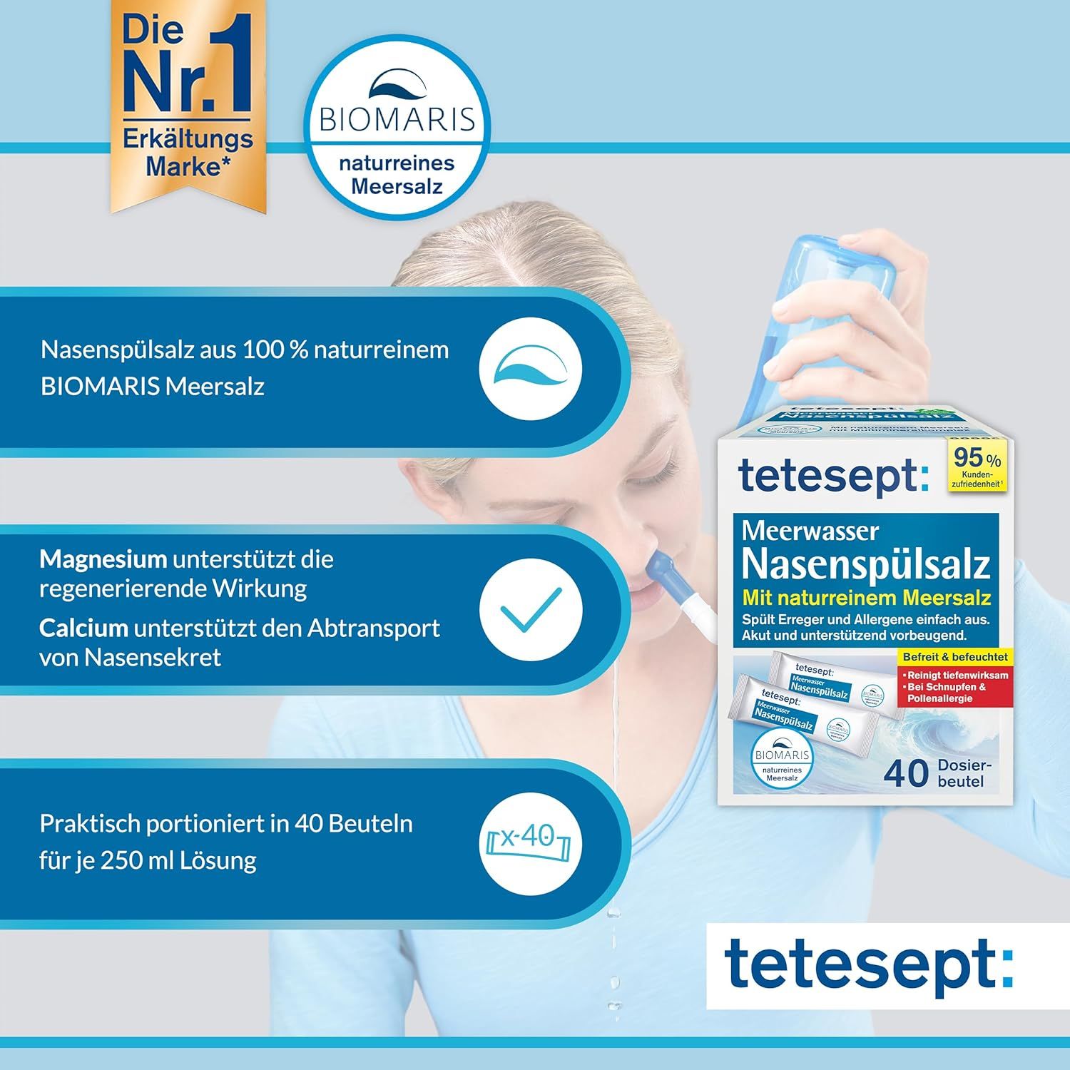 Verpackung mit tetesept Meerwasser Nasenspülsalz. Enthält 40 Beutel. Text: Nasenspülsalz aus 100% naturreinem BIOMARIS Meersalz.