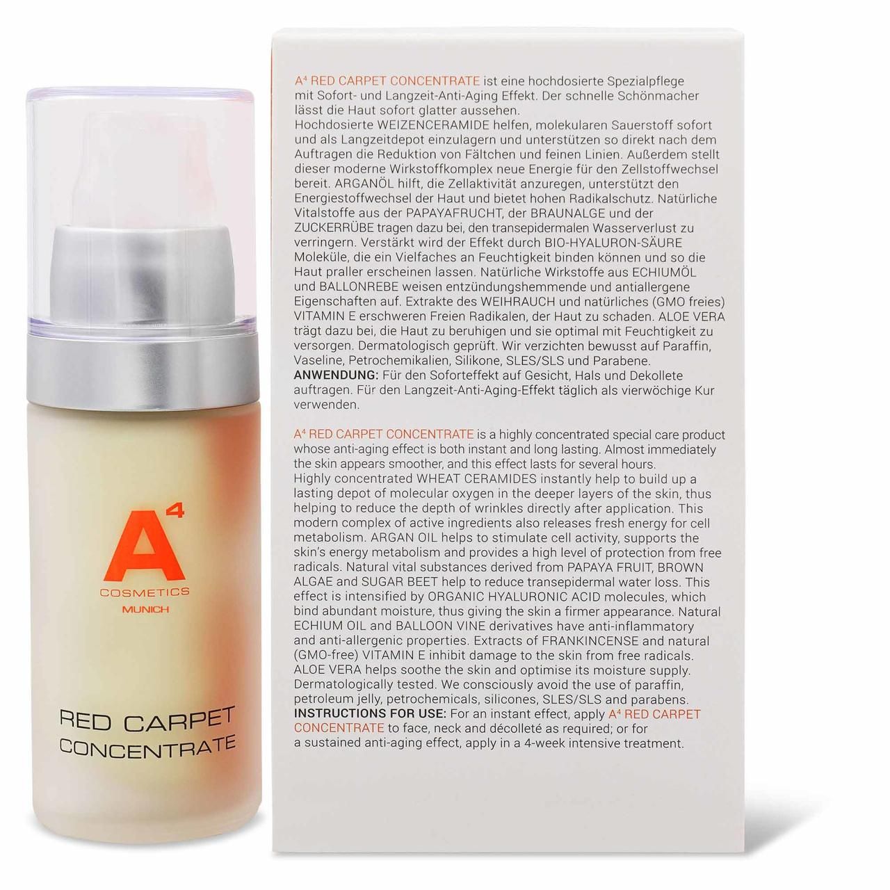 A4 Cosmetics Red Carpet Concentrate. Flasche und Verpackung. Rückseite mit Text. Enthält Wirkstoffe wie Arganöl und Aloe Vera.