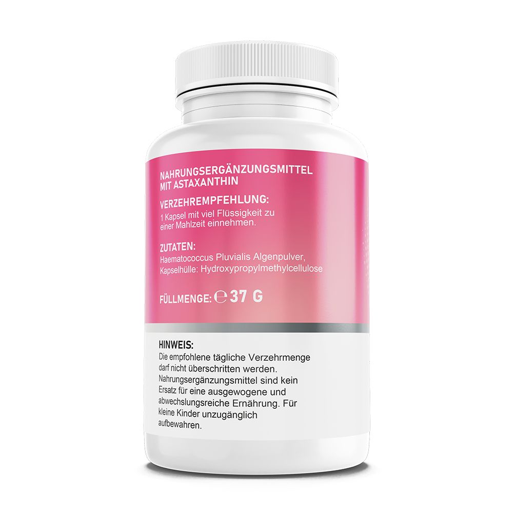 Rückseite einer Astaxanthin-Kapsel-Flasche mit Zutaten und Füllmenge.