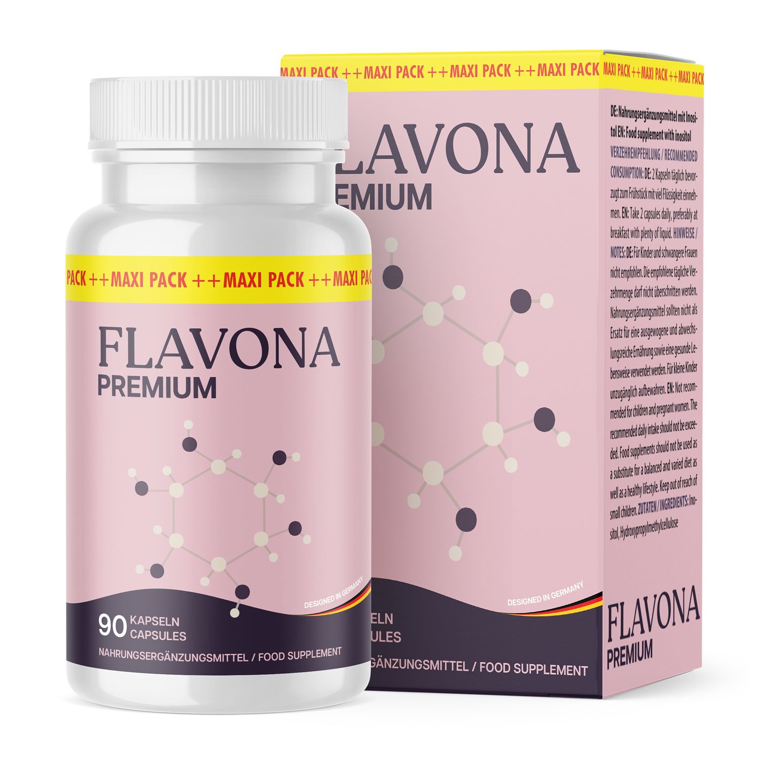 Weiße Flasche mit Kapseln und rosa Verpackung. Aufschrift: Flavona Premium, 90 Kapseln. Food Supplement.