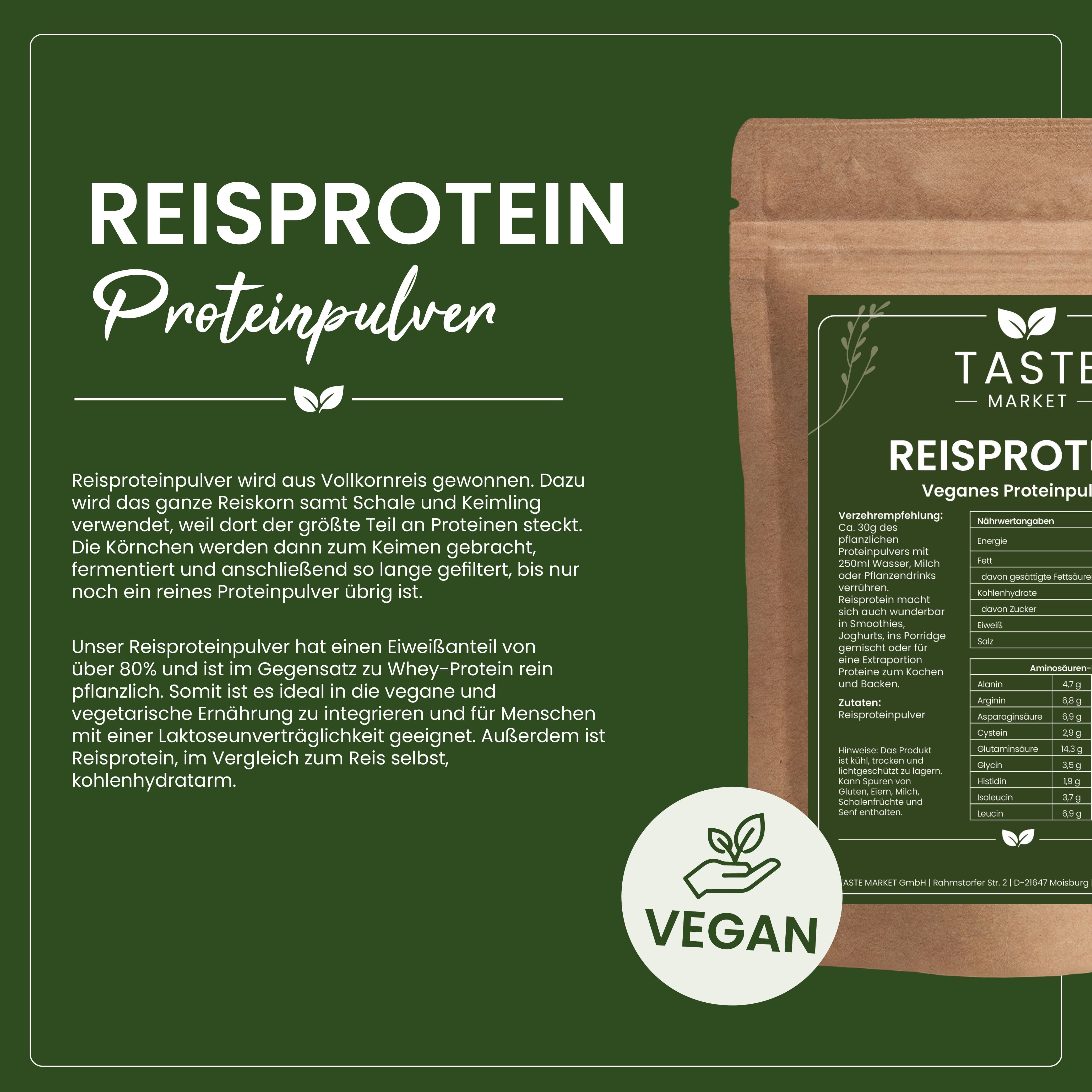Taste Market Reisprotein: Veganes Protein Pulver aus Vollkornreis, Nährwertangaben und veganes Siegel.