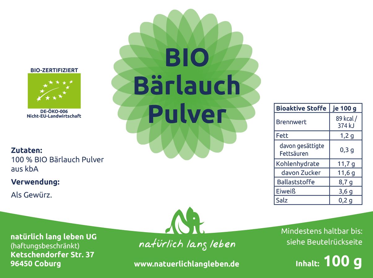 Etikett mit BIO-Zertifikat, Zutaten, Nährwerten und Herstellerangaben für BIO Bärlauch Pulver.