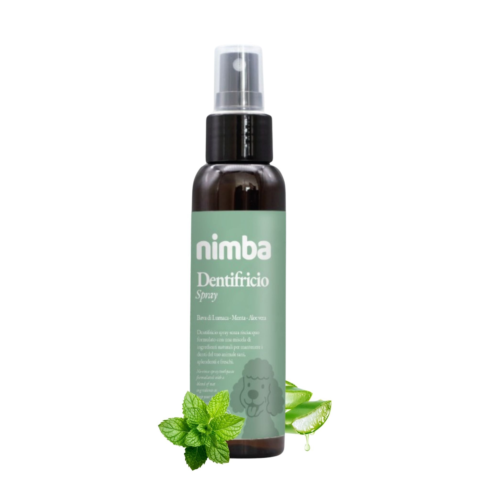 Braune Sprühflasche mit grünem Etikett. Aufschrift: Nimba Dentifricio Spray. Minze und Aloe Vera-Blätter daneben.