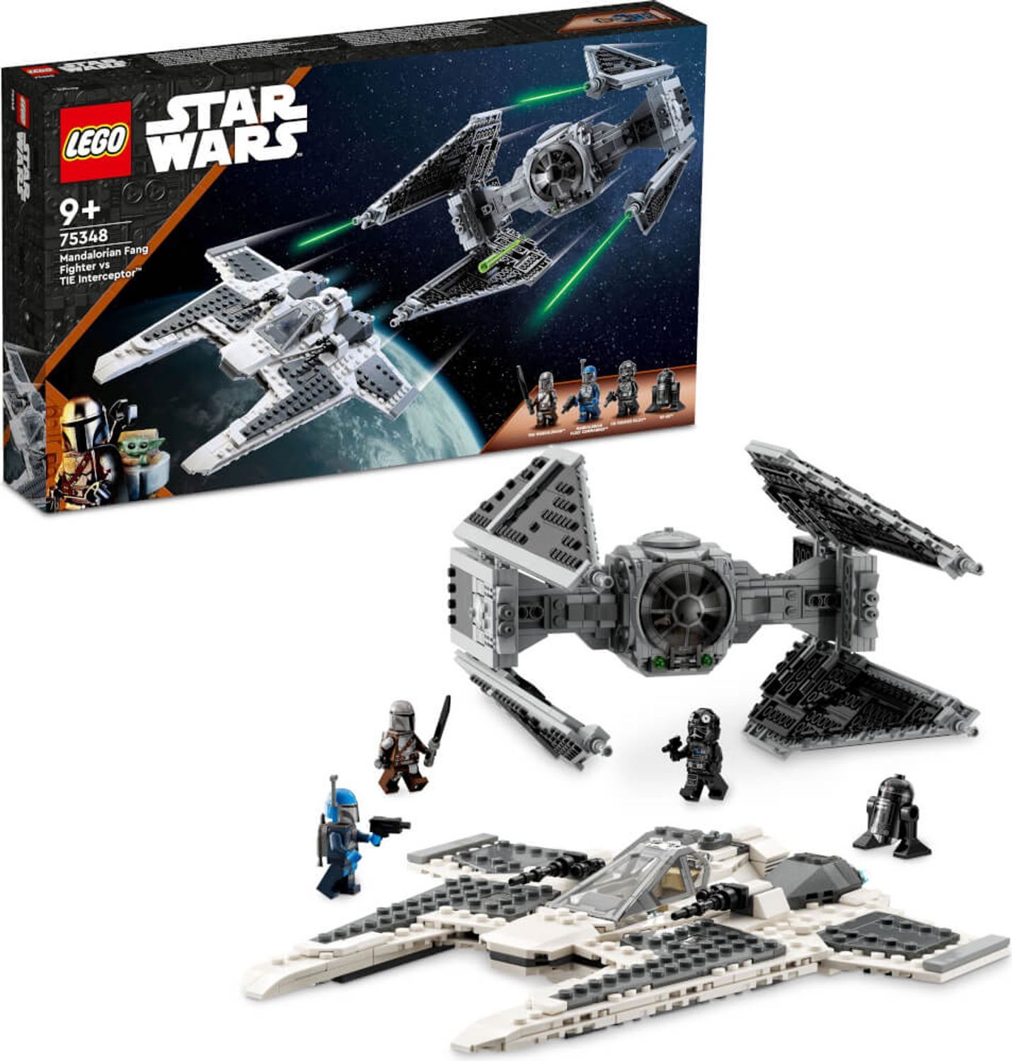 LEGO Star Wars 75348 Set. Verpackung und Modelle Fang Fighter und TIE Interceptor. Figuren und Modelle auf weißem Hintergrund.