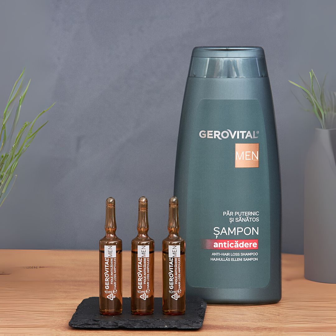 Drei Ampullen und eine Flasche Shampoo. Auf den Ampullen steht Gerovital Men Fiole Anticadere. Auf der Flasche steht Gerovital Men.
