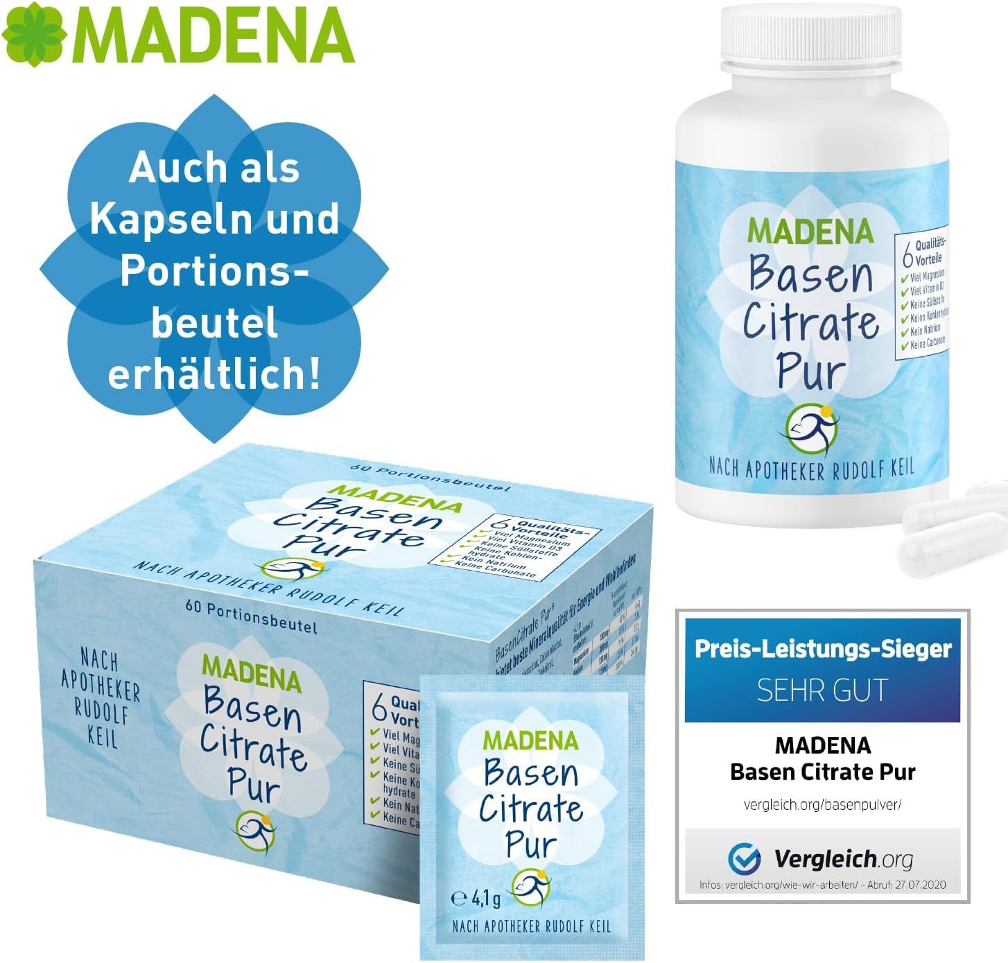 MADENA Basen Citrate Pur in Dose, Kapseln und Portionsbeuteln. 60 Portionsbeutel. Preis-Leistungs-Sieger. Nach Apotheker Rudolf Keil.