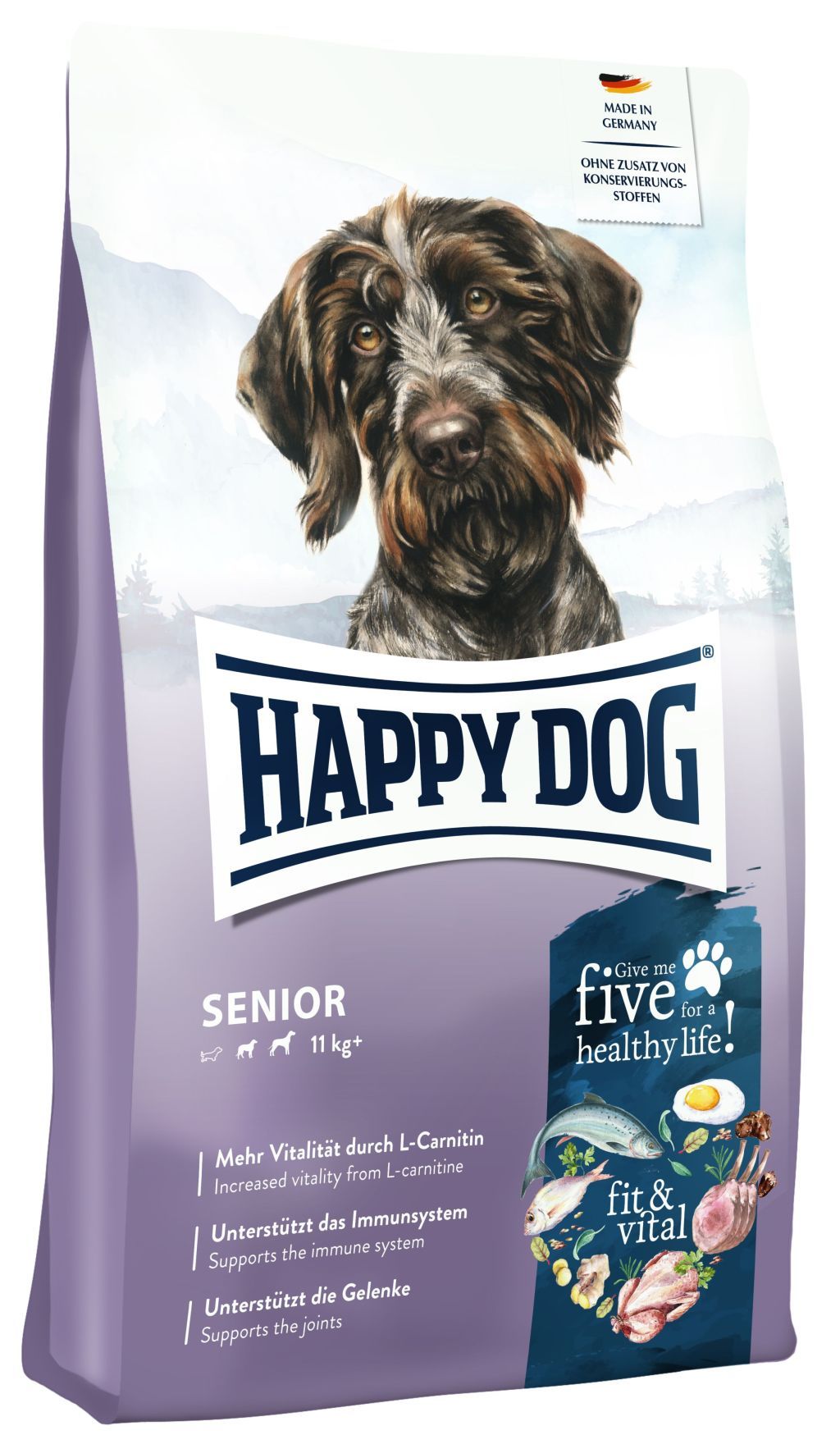 Happy Dog Senior Hundefutter-Sack mit Hundegesicht und Zutaten-Illustration.