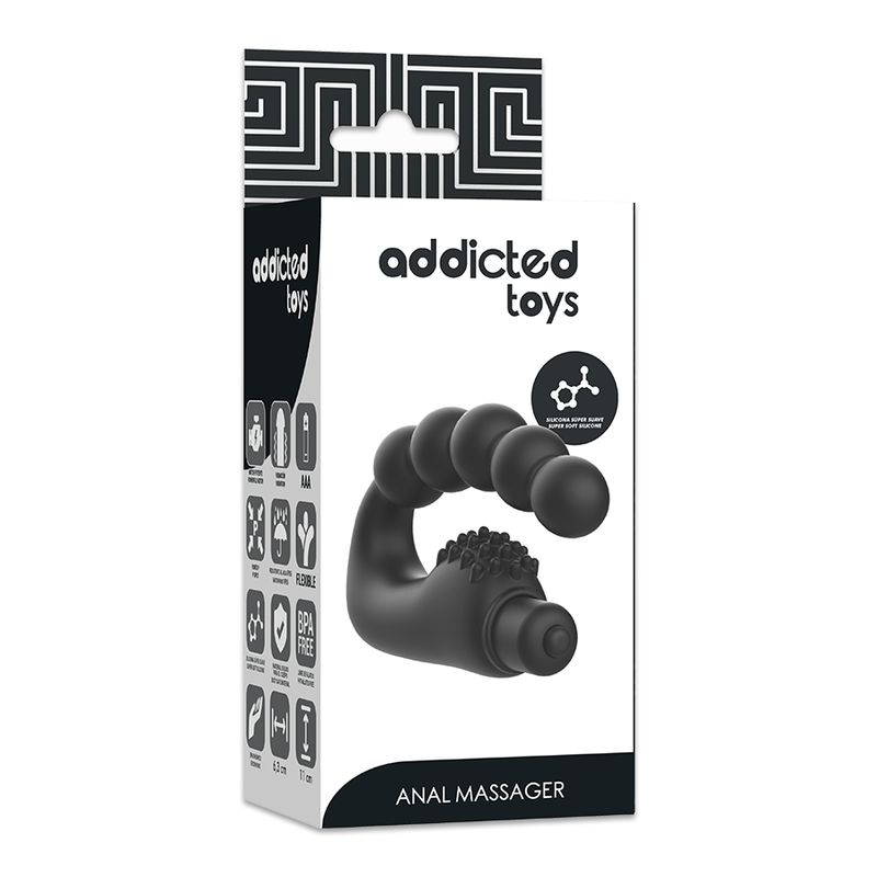 Verpackung mit schwarzem Massagegerät. Aufschrift 'addicted toys' und 'ANAL MASSAGER'.