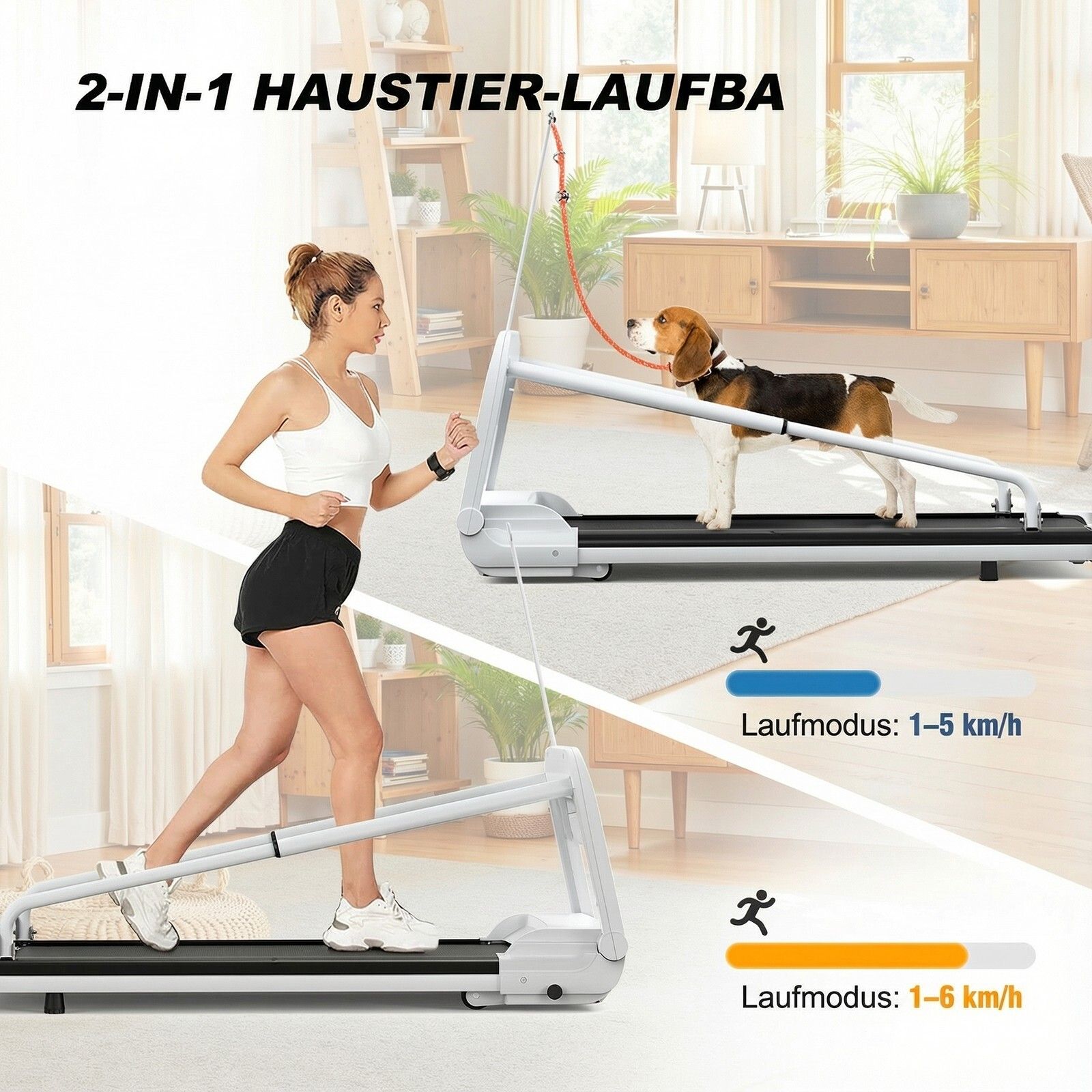 Hundelaufband mit Frau und Hund. Laufmodus 1-5 km/h und 1-6 km/h. Weißes Gestell, schwarze Lauffläche.