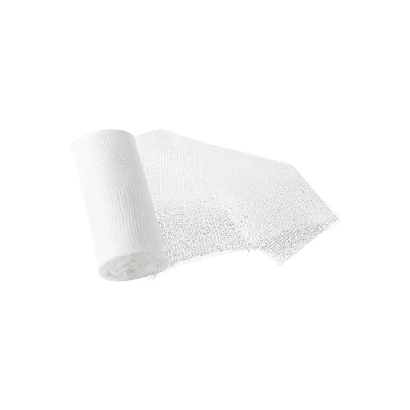 Gerollte Mullbinde. Weißes, gewebtes Material. Teilweise abgerollt.