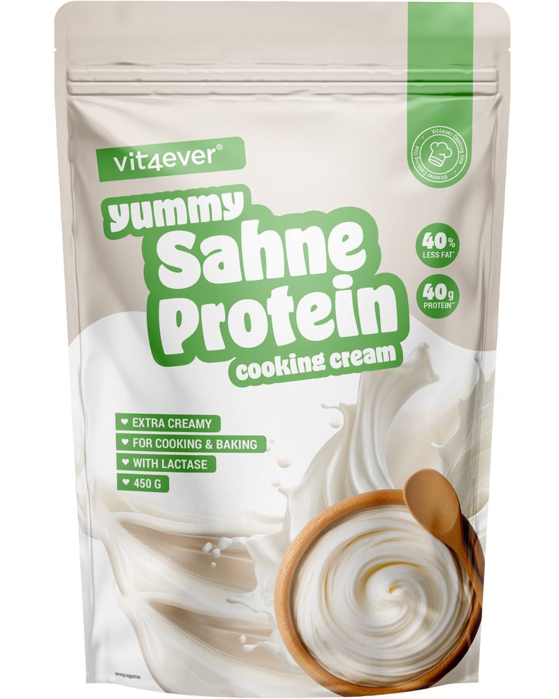 Beutel Yummy Sahne Protein, cooking cream. Aufschrift: vit4ever, 40% weniger Fett, 40g Protein. Mit Abbildung von Sahne in einer Schüssel und Löffel.