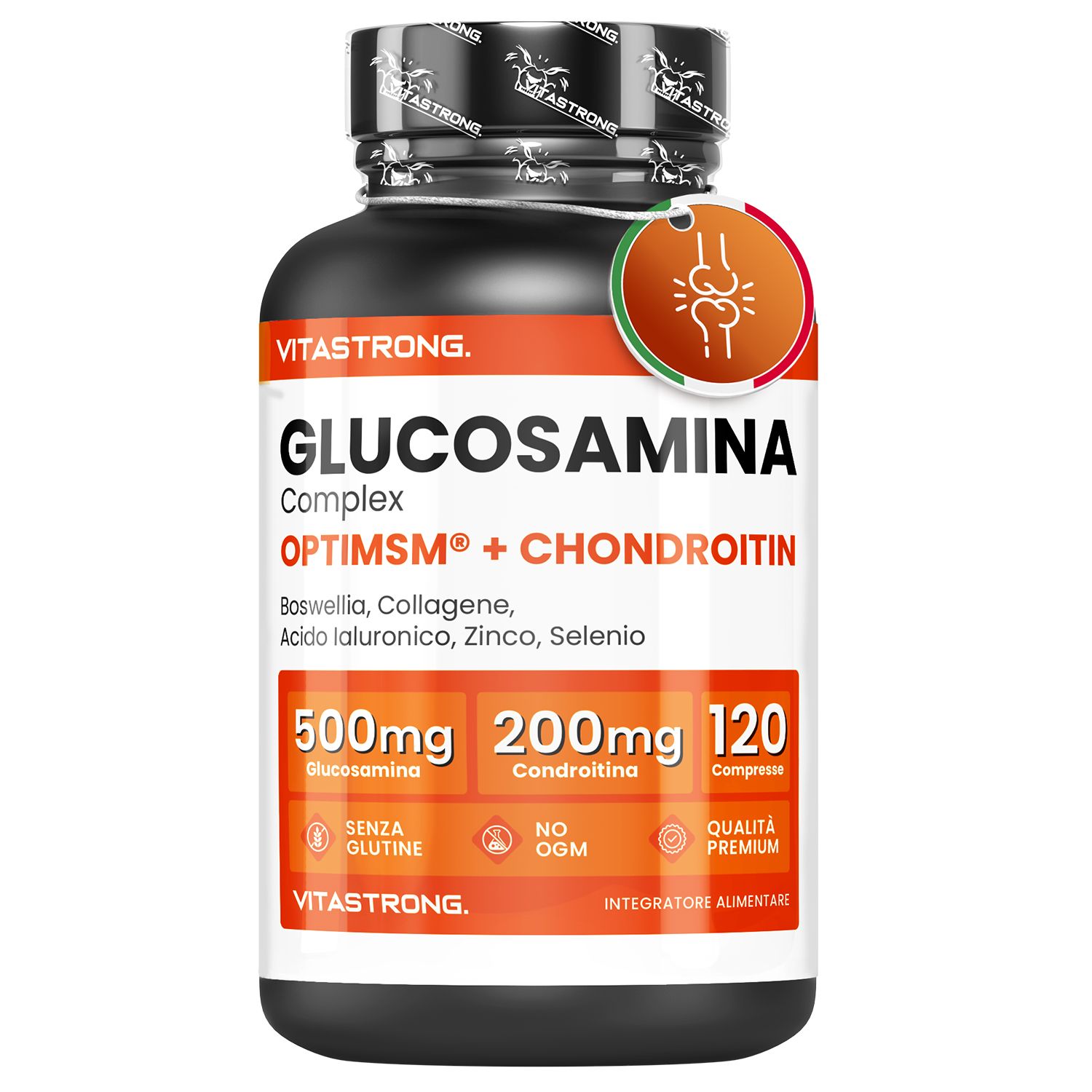 Vitastrong Glucosamin + Chondroitin. Schwarze Flasche mit Tabletten. 120 Tabletten. Gelenkunterstützung.