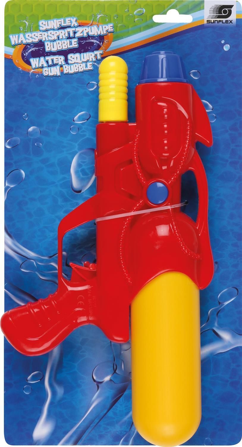Wasserspritzpistole in Verpackung. Rote und gelbe Pistole. Blaue Akzente. Verpackung mit Produktnamen und Logo.