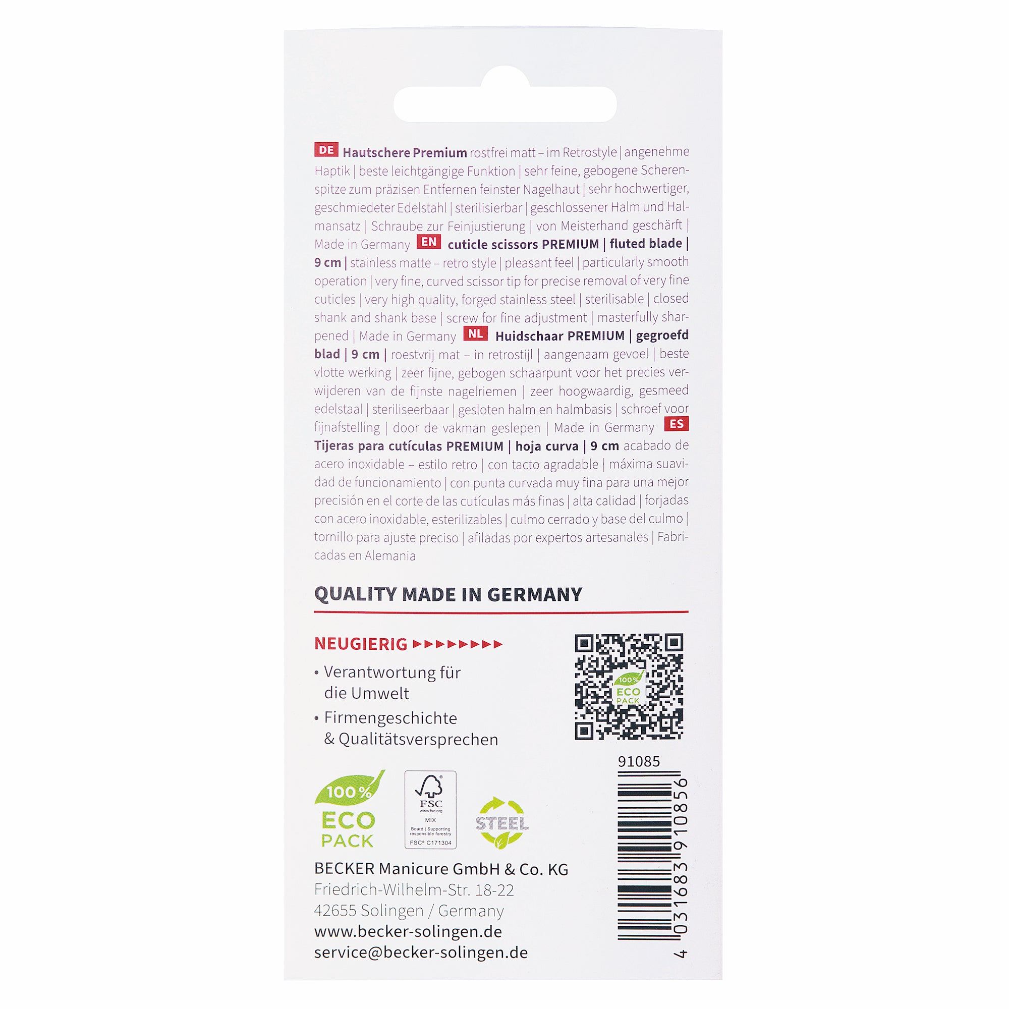 Rückseite der Verpackung mit Produktinformationen und Logos. Text in mehreren Sprachen.