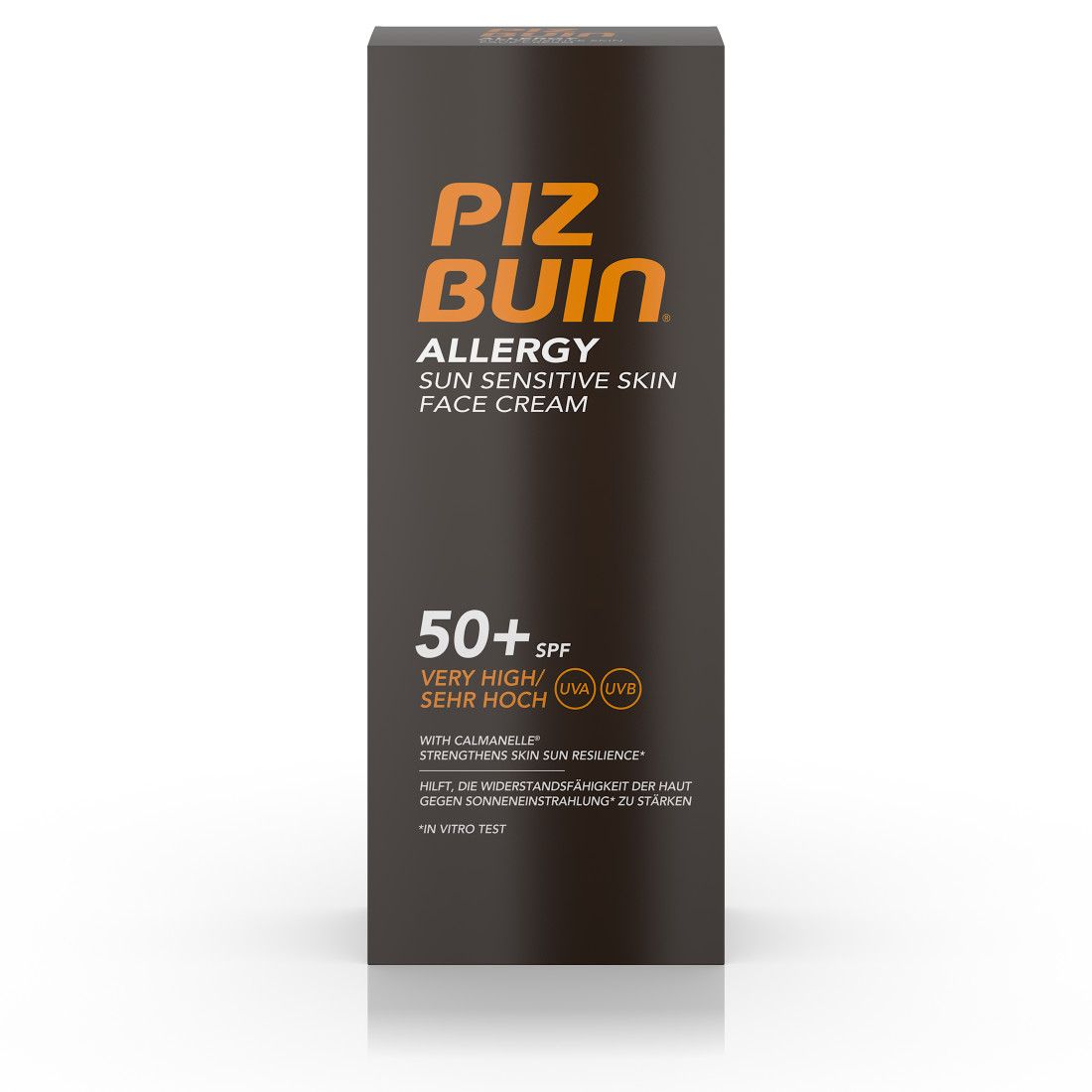 Braune Schachtel mit Produktinformationen. Aufschrift: Piz Buin Allergy, Sonnenschutz, LSF 50+. Enthält Calmabelle.