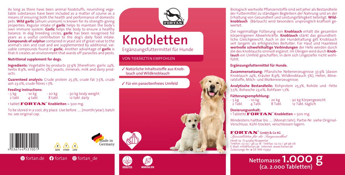 Etikett mit Text und Abbildung: zwei Hunde. Text: Knobletten, Ergänzungsfuttermittel für Hunde. Logo. Text: Nettomasse 1.000 g (ca. 2.000 Tabletten).