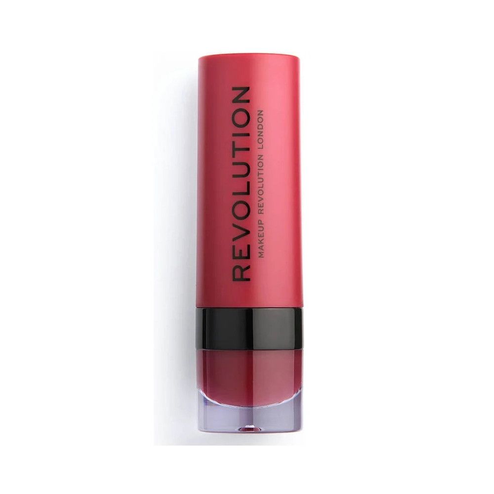 Geschlossener roter Lippenstift. Rote Kappe mit "REVOLUTION MAKEUP REVOLUTION LONDON"-Schriftzug. Transparente Basis.