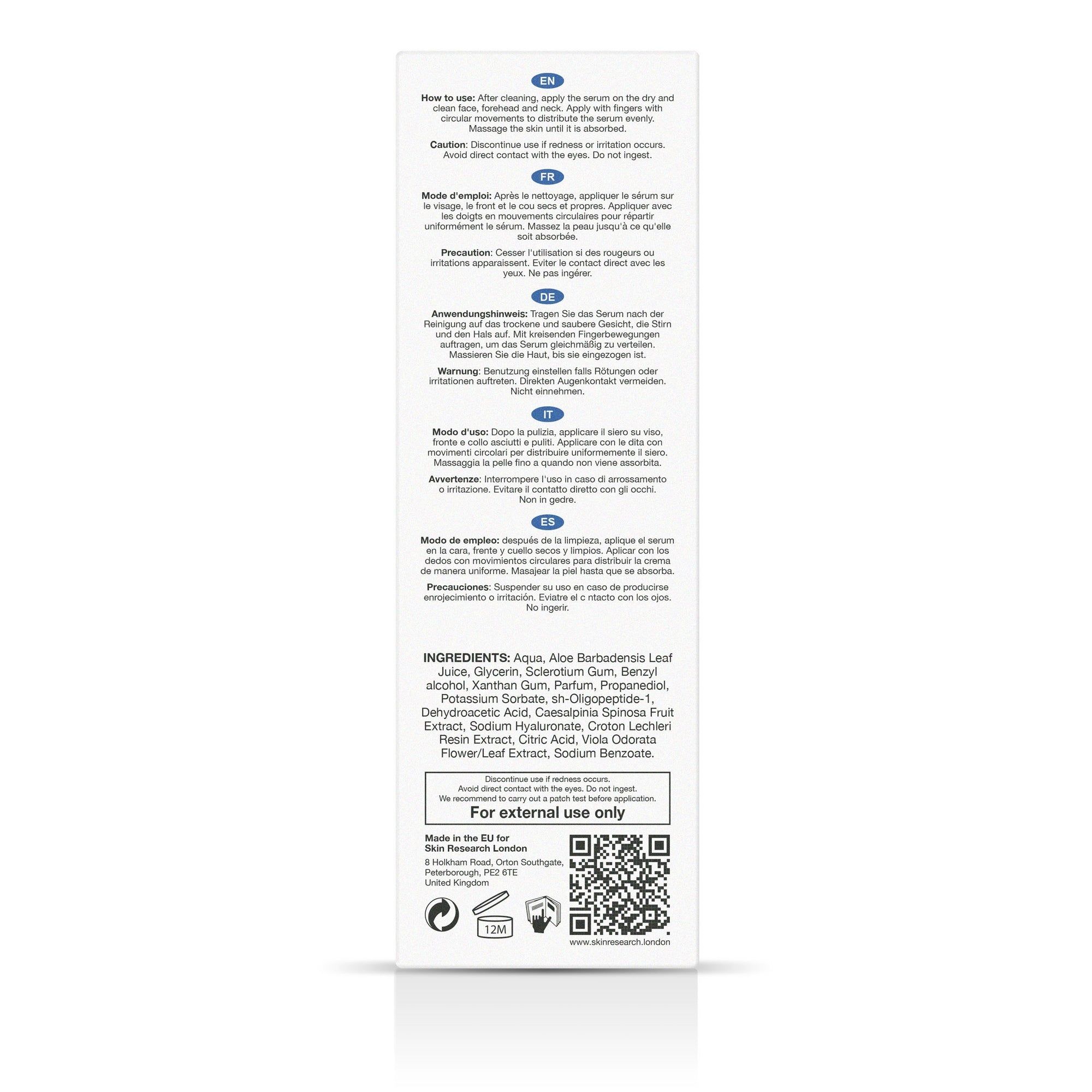 Produktverpackung. Text: Anwendungshinweise, Inhaltsstoffe, QR-Code. Für externe Anwendung. Hergestellt für Skin Research.