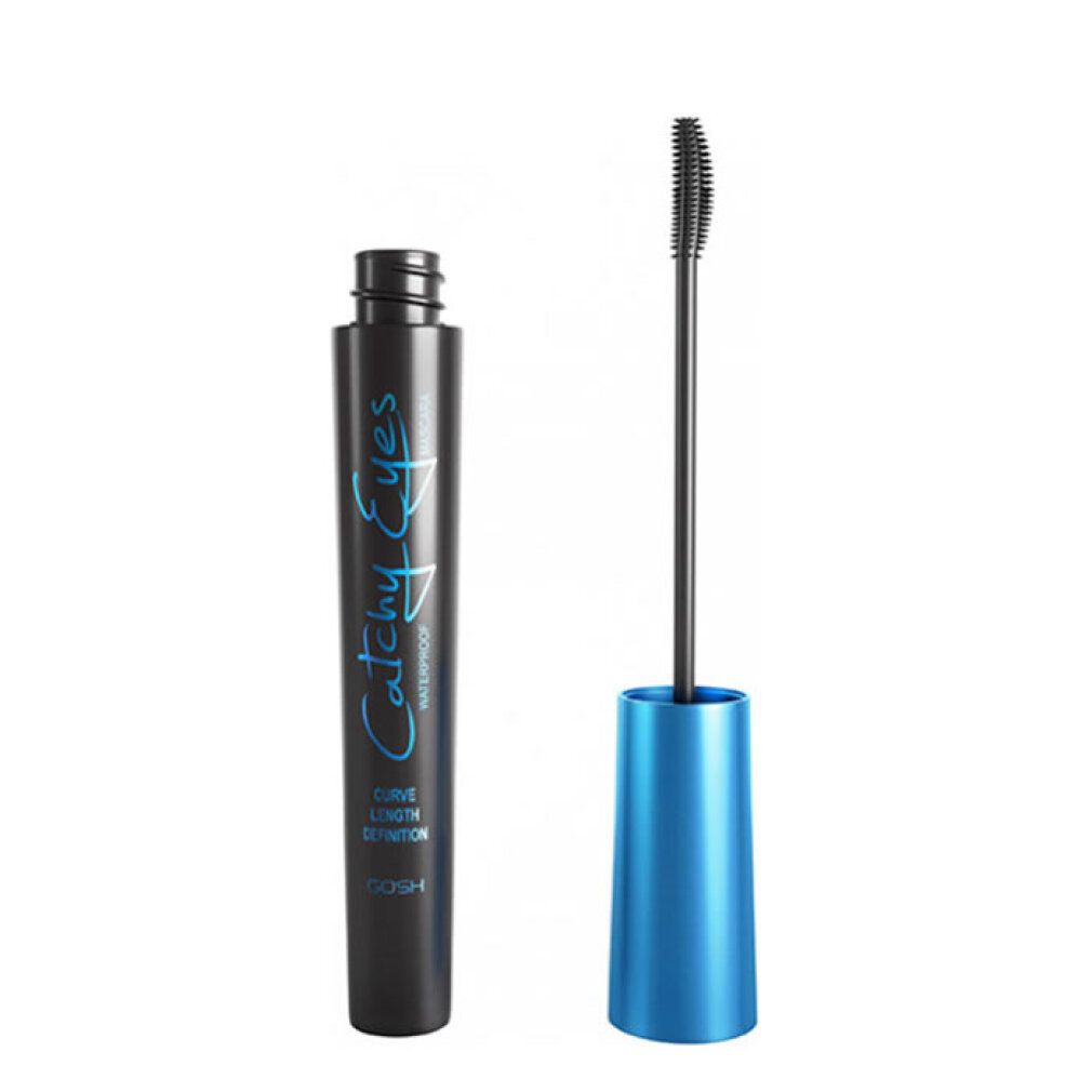 Gosh Catchy Eyes Waterproof Mascara in Schwarz. Schwarzer Applikatorstab mit Bürste und blauem Griff.