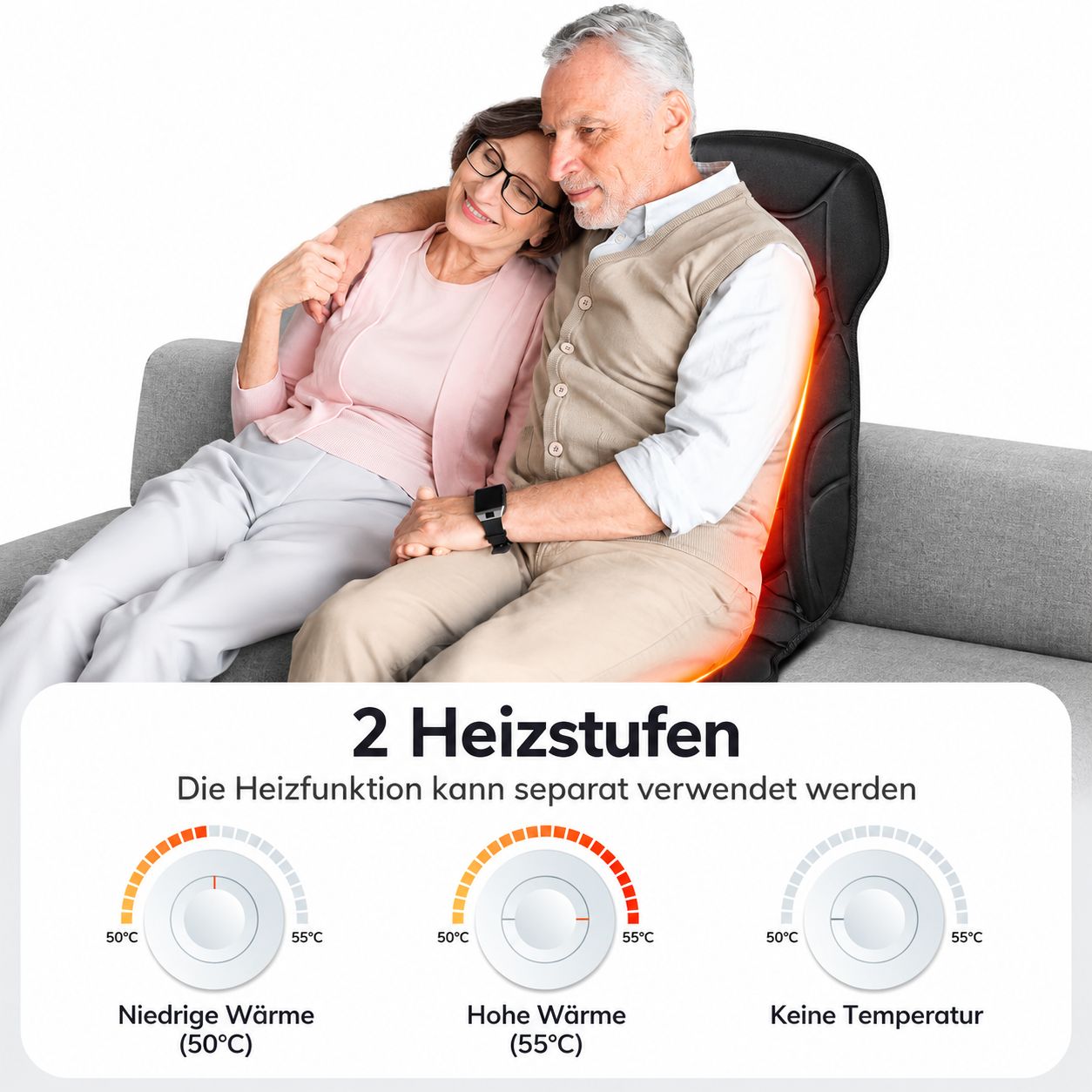 Schwarzes Massagekissen mit Fernbedienung, roten Heizspiralen und gelben Vibrationspunkten.
