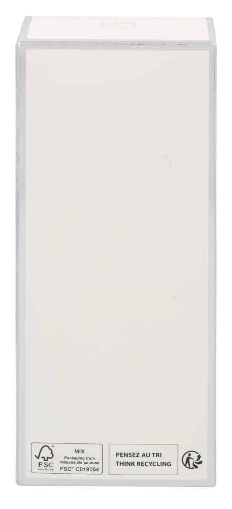 Rückseite der weißen Verpackung. FSC-Logo, Recycling-Hinweis und Text. Leere weiße Fläche.