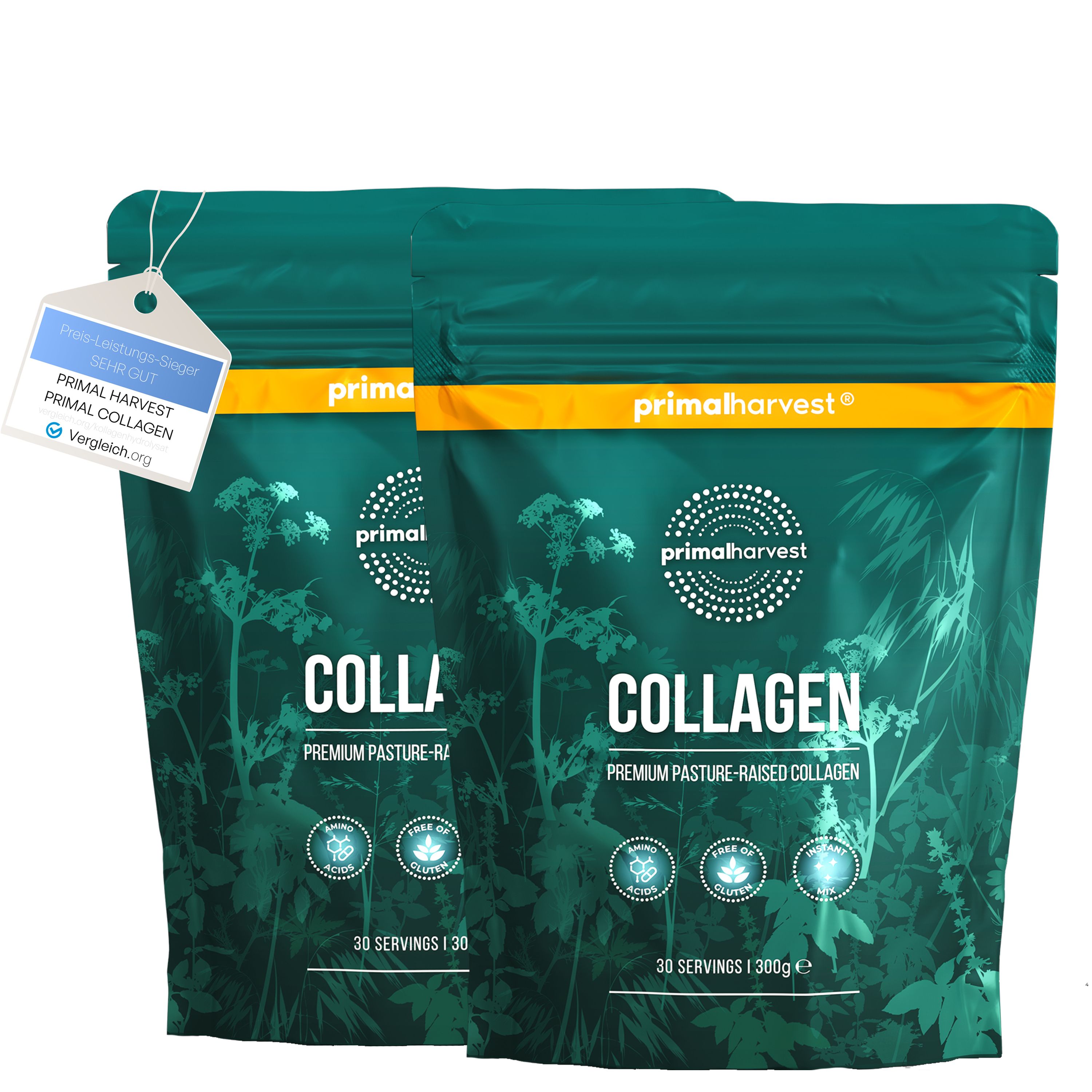 Zwei grüne Tüten mit Kollagenpulver. Aufschrift: Collagen, Primal Harvest. Anhänger mit Produktinformationen.