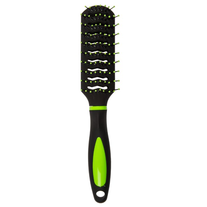 Brosse à cheveux rectangulaire avec manche noir et accents verts. Picots verts.