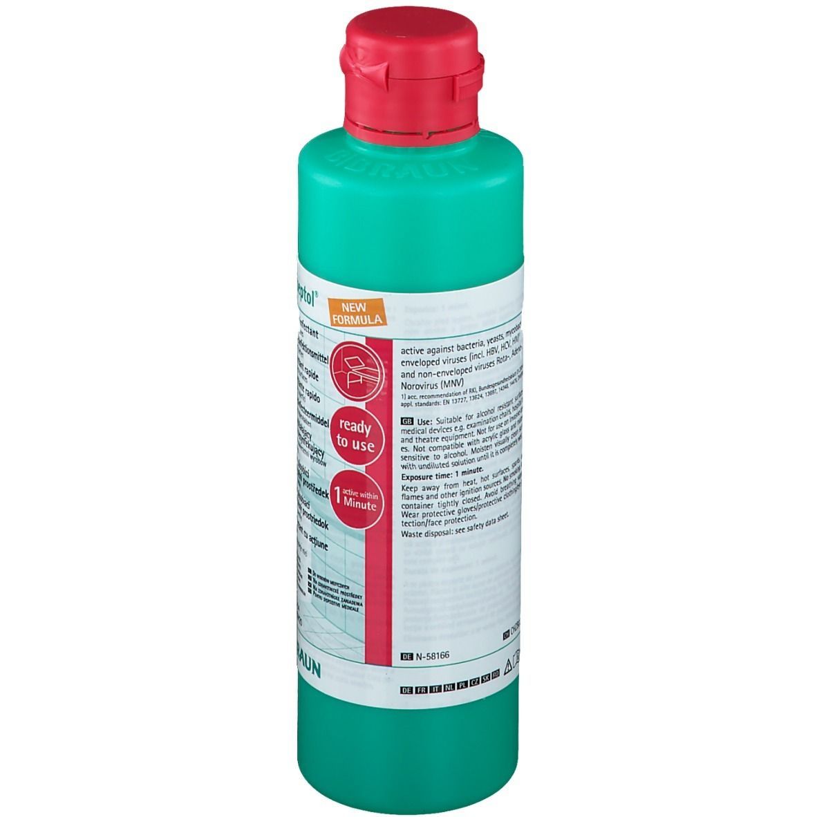 Rückseite einer grünen Flasche mit rotem Verschluss. Text: Neue Formel, Wirkstoffe, Anwendungshinweise. B. Braun Logo.