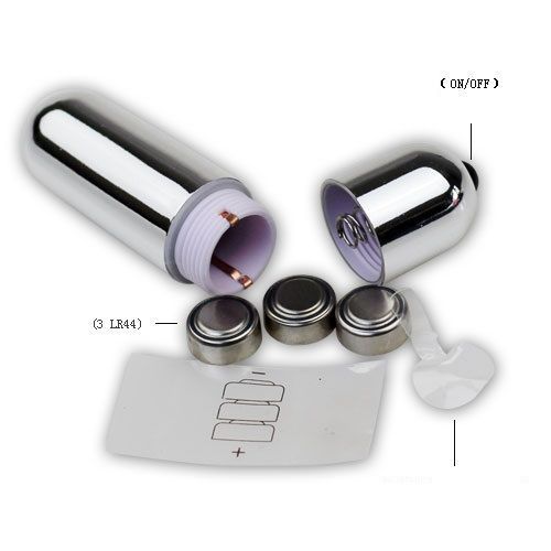 Silberner Vibrator, zerlegt. Enthält Batterien (3 LR44). Mit Bedienungsanleitung und Batteriefach.