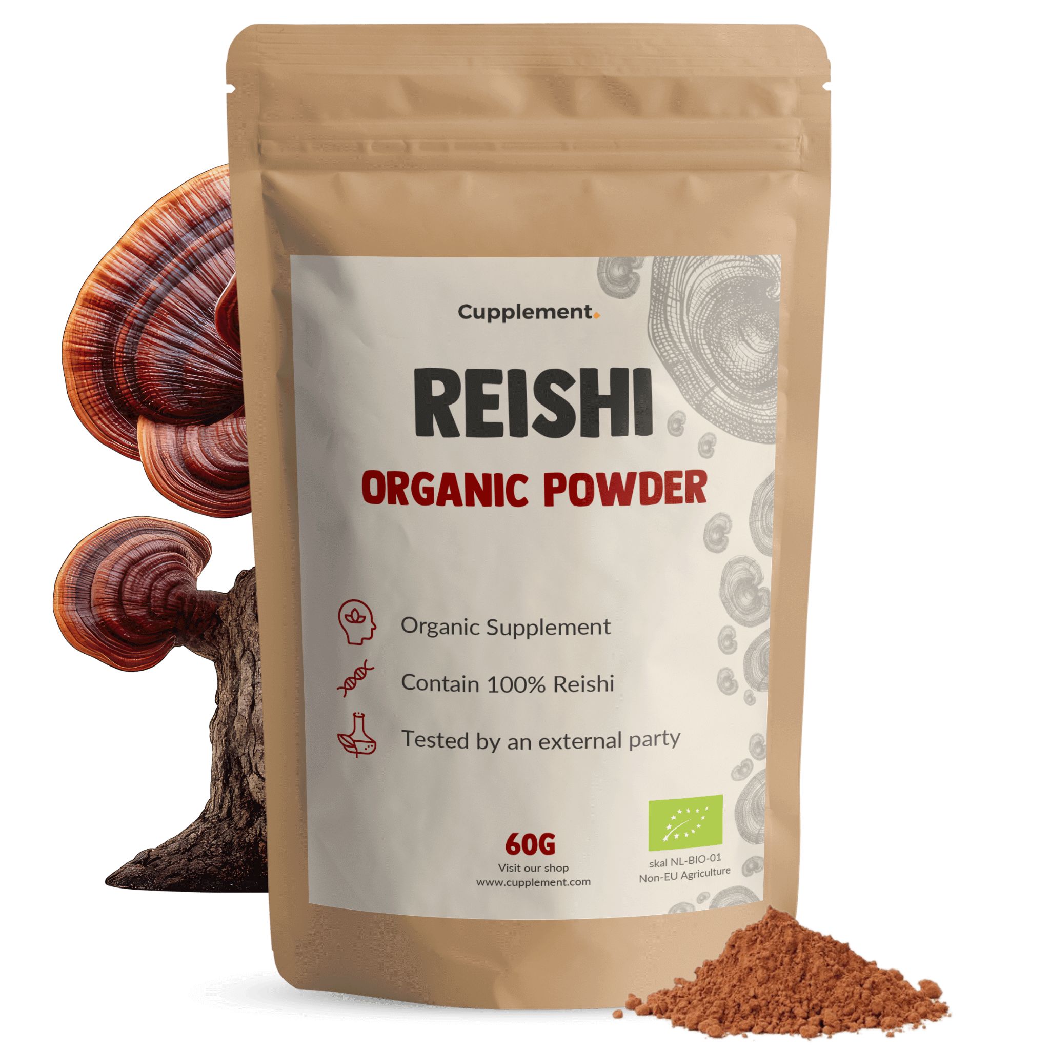 Beutel mit Cupplement® Reishi Pulver. Braune Verpackung, Text: Reishi Organic Powder. 60g. EU-Bio-Siegel.