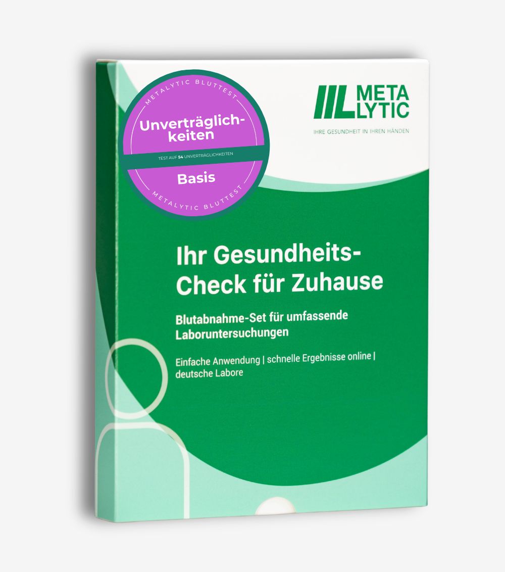Verpackung des MetaLytic-Tests. Aufdruck: Unverträglichkeiten, Basis, Ihr Gesundheits-Check für Zuhause. Logo.