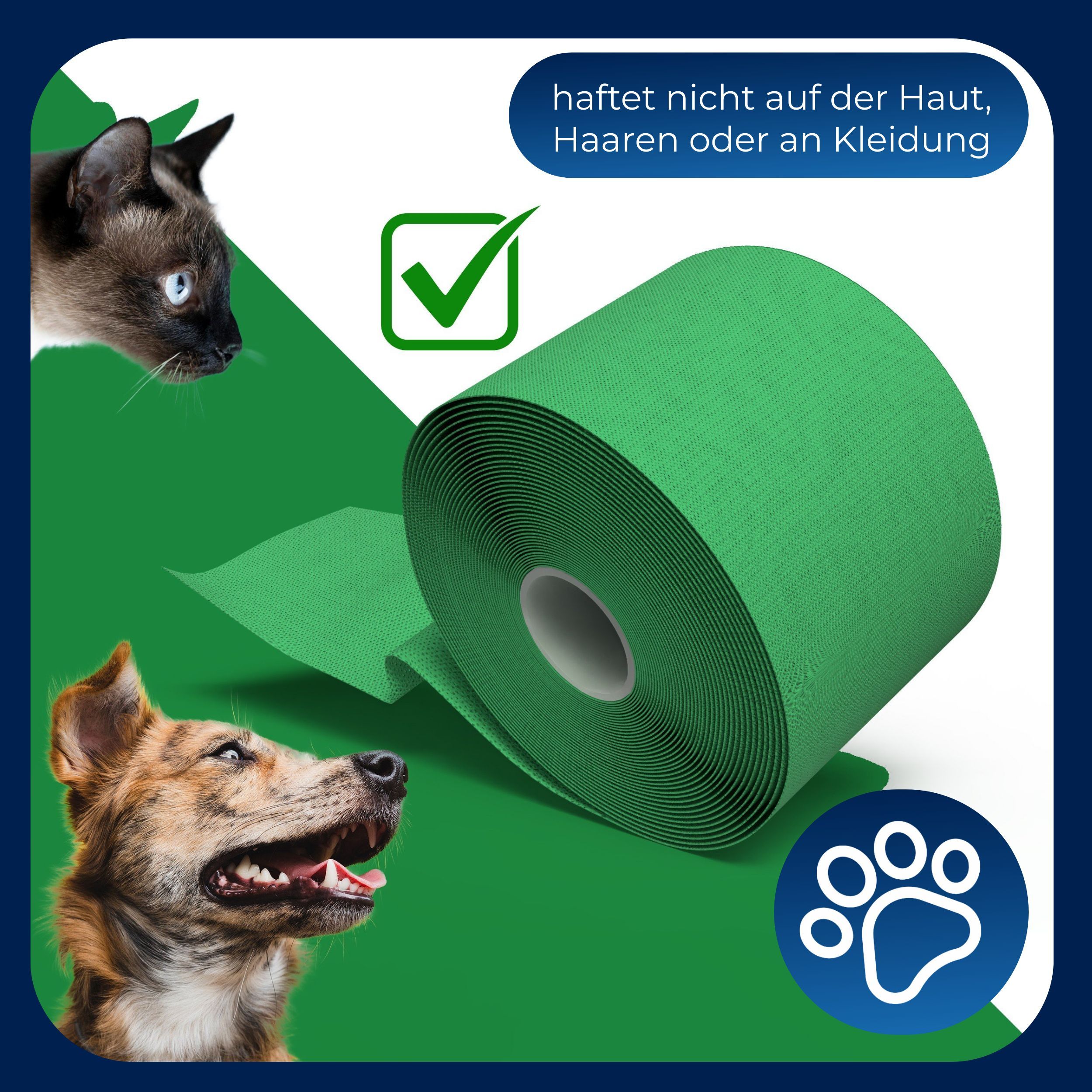 Grüne Fixierbinde, gerollt, neben Katze und Hund. Text: 'haftet nicht auf Haut, Haaren oder Kleidung'.