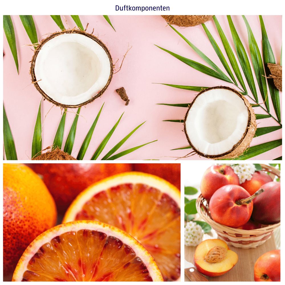 Collage: kokosnoot, bloedsinaasappel, nectarines. Kokosnoten gehalveerd, bloedsinaasappelschijfjes, nectarines in mand.