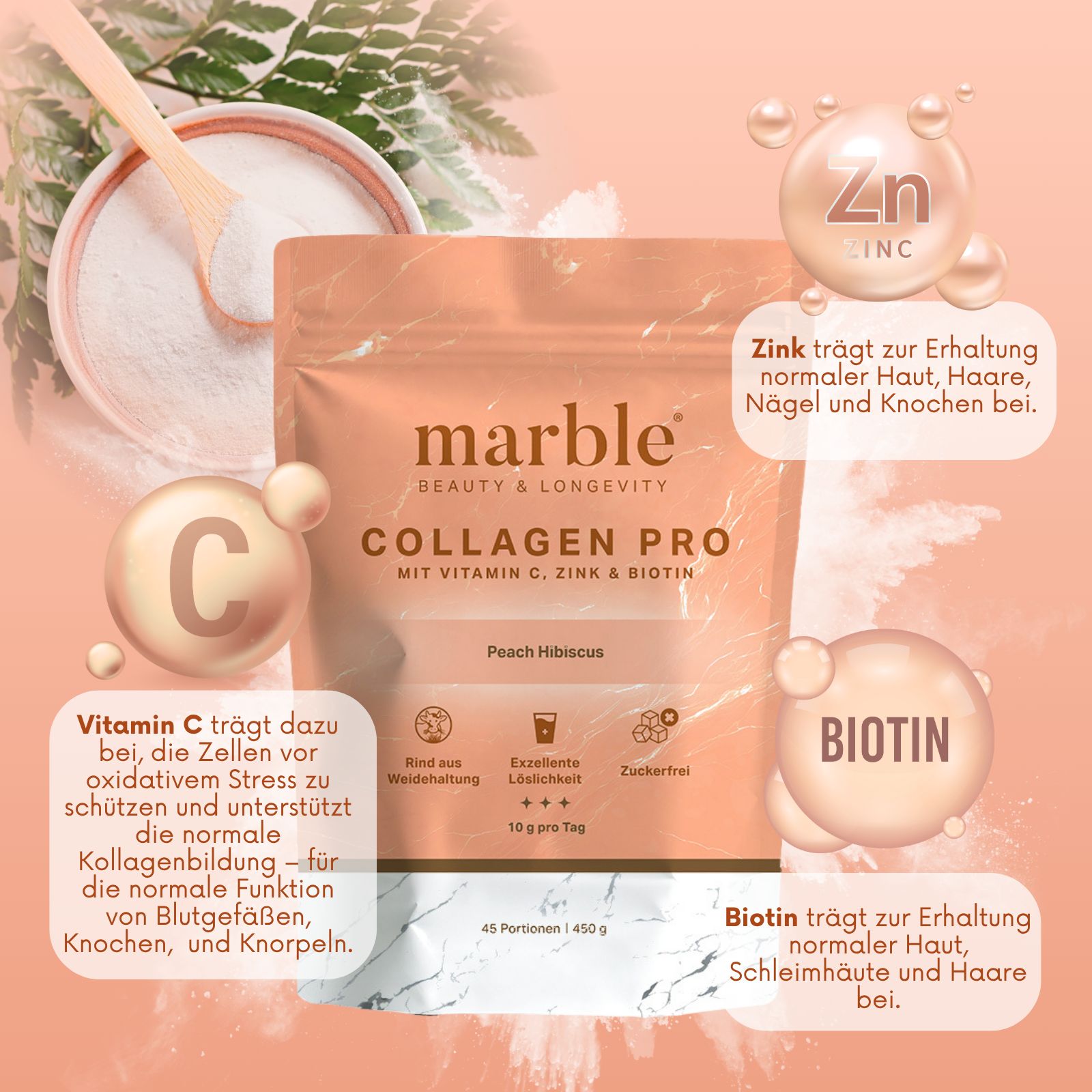 marble Collagen Pro – Peach Hibiscus 450g | Reines Weidekollagen mit Vitamin C, Zink & Biotin