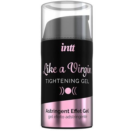 Zylindrische Flasche mit schwarzem Etikett und rosa Schrift. Aufschrift: INTT, Like a Virgin Tightening Gel.