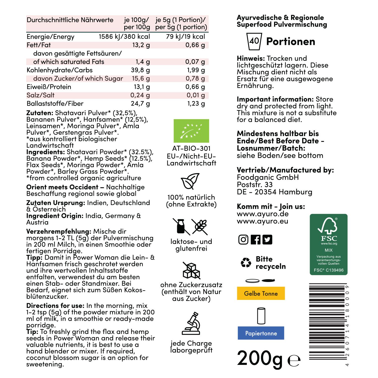 Nährwerttabelle und Zutatenliste. Logos: Bio, laktosefrei, glutenfrei, FSC, 200g.