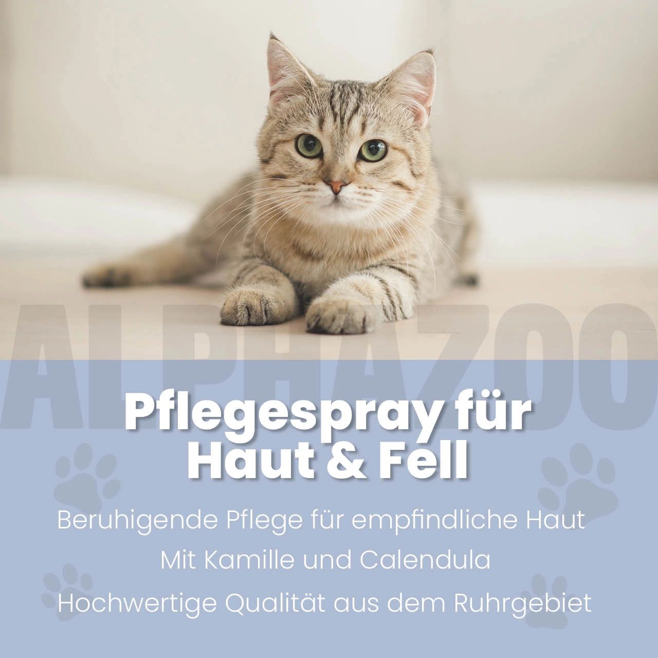 Katze liegt auf hellem Untergrund. Text: Pflegespray für Haut & Fell. Beruhigende Pflege für empfindliche Haut. Mit Kamille und Calendula.