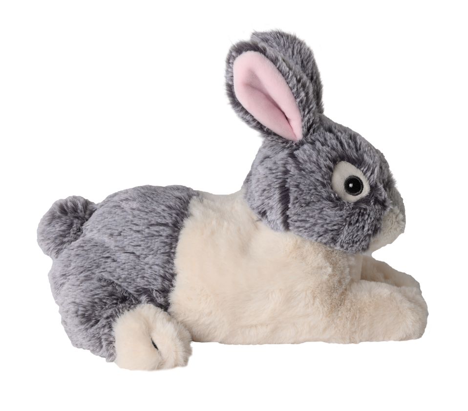 Ein Warmies Kaninchen, ein graues und cremefarbenes Stofftier, liegt auf der Seite. Die Ohren sind aufgestellt, die Innenseite rosa. Das Kaninchen ist aus weichem Material gefertigt und hat ein freundliches Gesicht.
