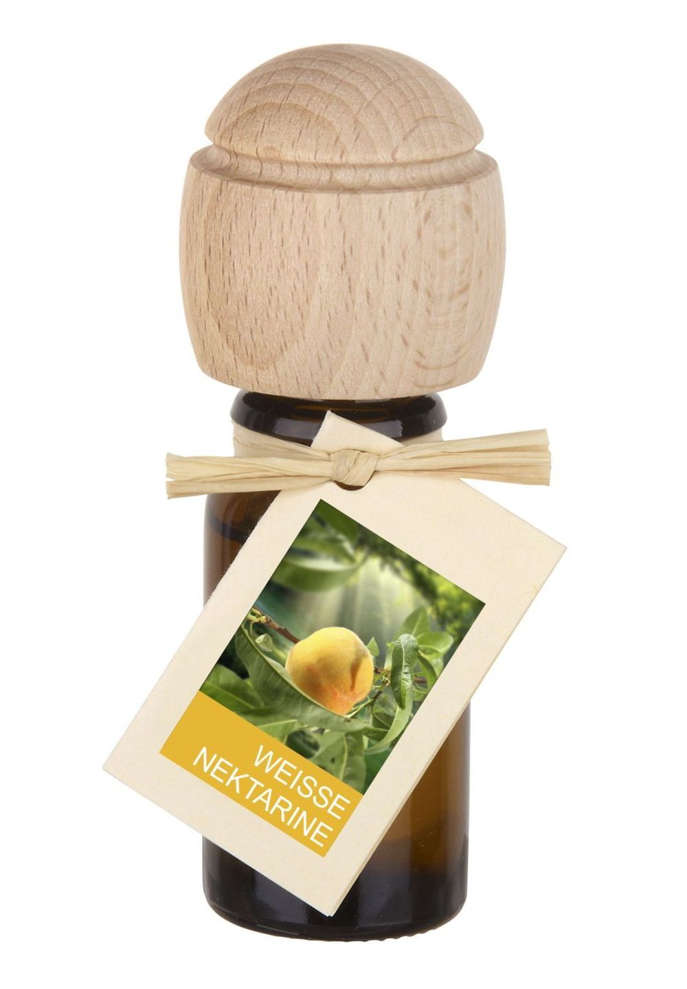 Braune Glasflasche mit Holzverschluss und Etikett. Etikett mit Nektarinen-Abbildung und Text: WEISSE NEKTARINE.
