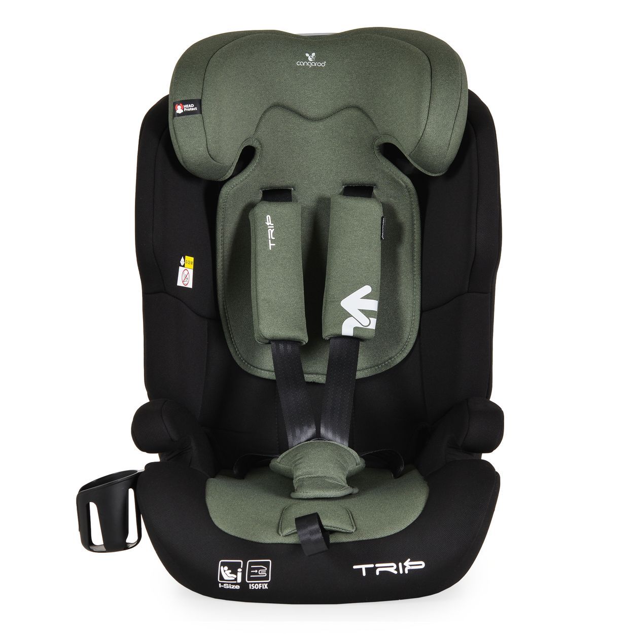 Hellgrauer Kindersitz mit verstellbarer Kopfstütze und 5-Punkt-Gurt. Zeigt verschiedene Sitzpositionen und die Basis mit Isofix-Armen.