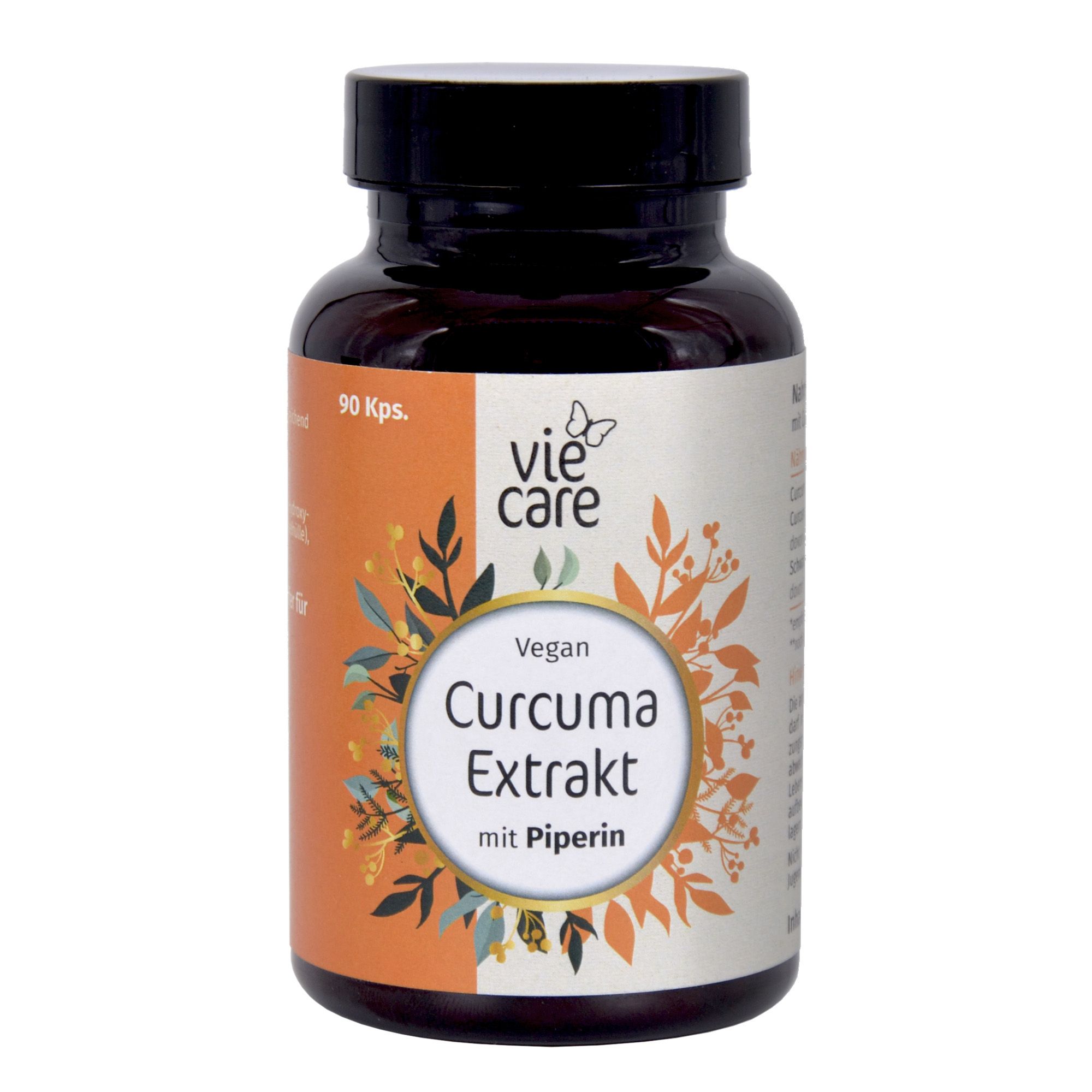 Braune Flasche mit schwarzem Deckel. Etikett mit "vie care" und "Curcuma Extrakt mit Piperin". 90 Kps. vegan.