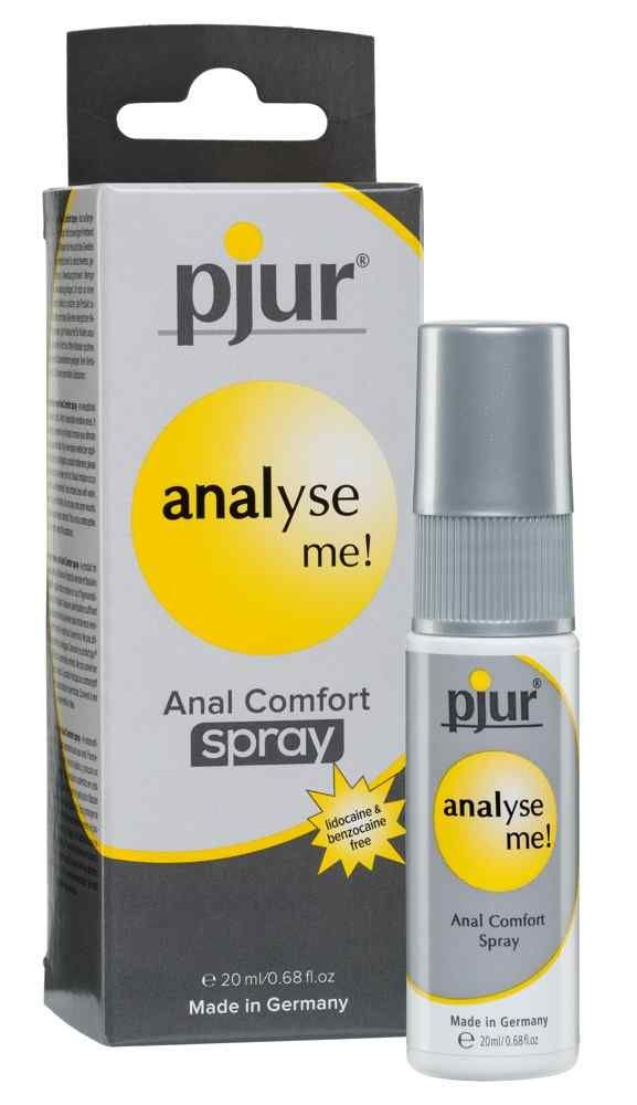 Pjur analyse me! Spray, Flasche und Verpackung. Graue Verpackung mit gelbem Kreis. Flasche mit silbernem Deckel. Text: analyse me!, Anal Comfort Spray.