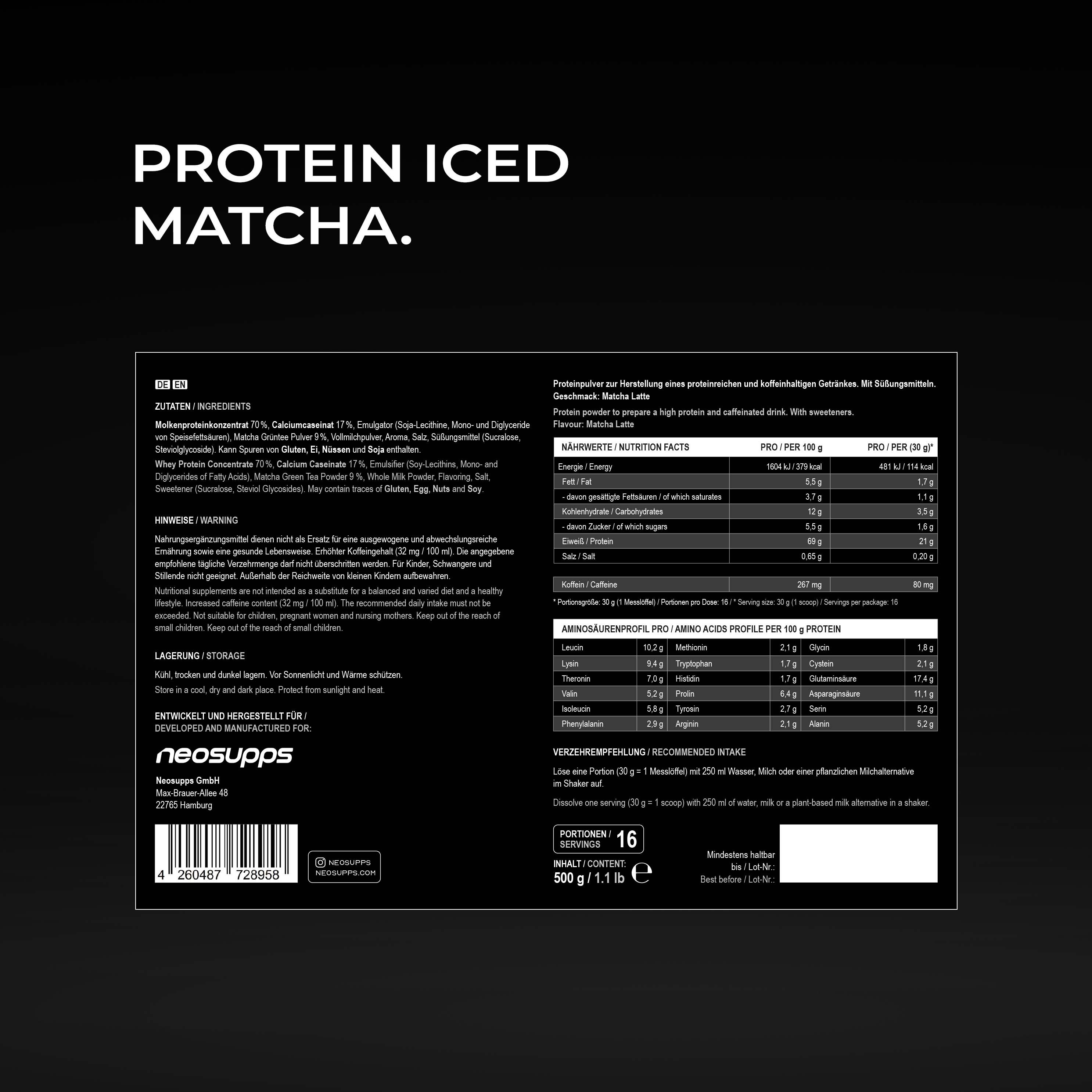 Rückseite der Neosupps Protein Iced Matcha Dose mit Nährwertangaben.