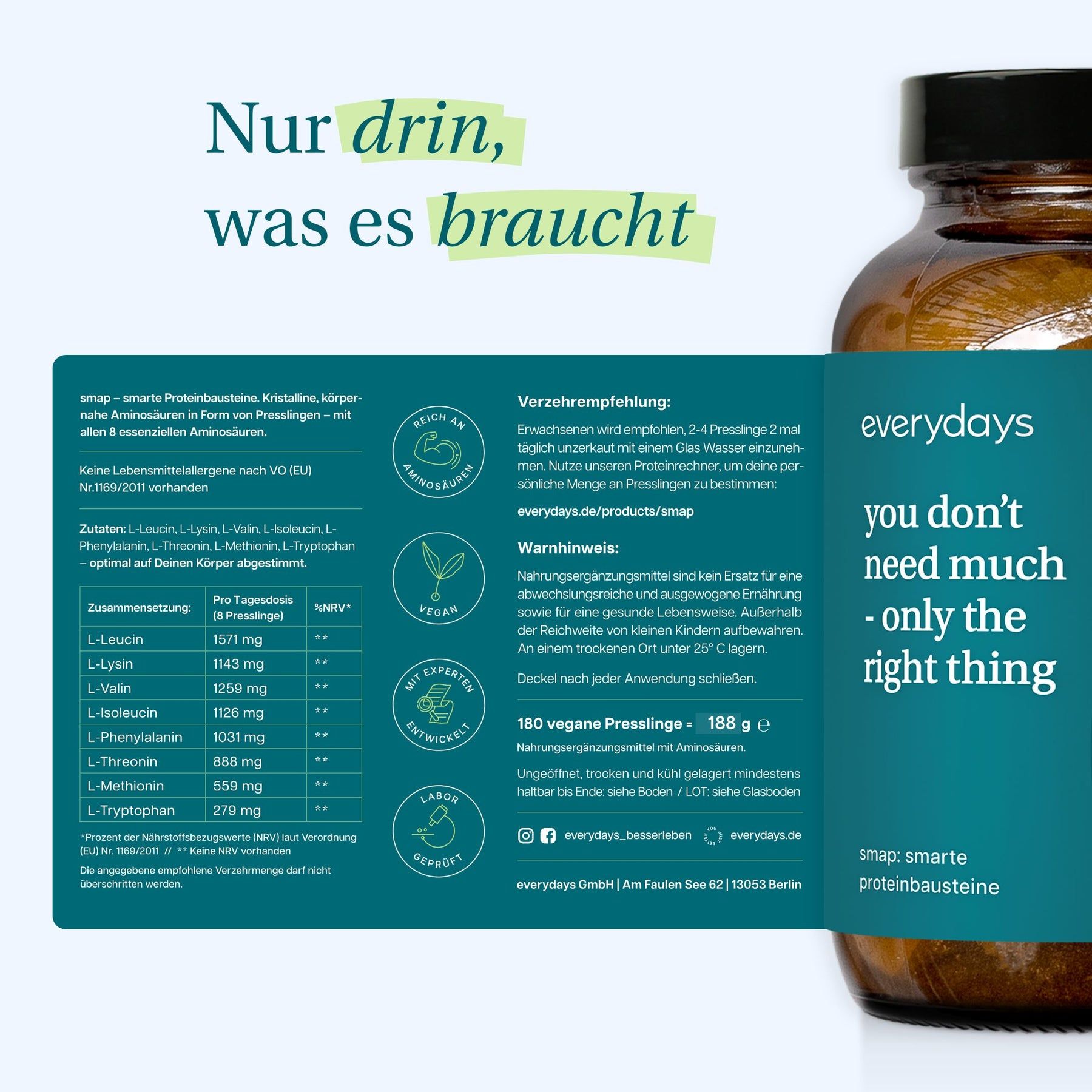 Braune Glasflasche mit smap-Etikett. Text: "everydays", "smap", "you don't need much - only the right thing". Tabellen mit Inhaltsstoffen.