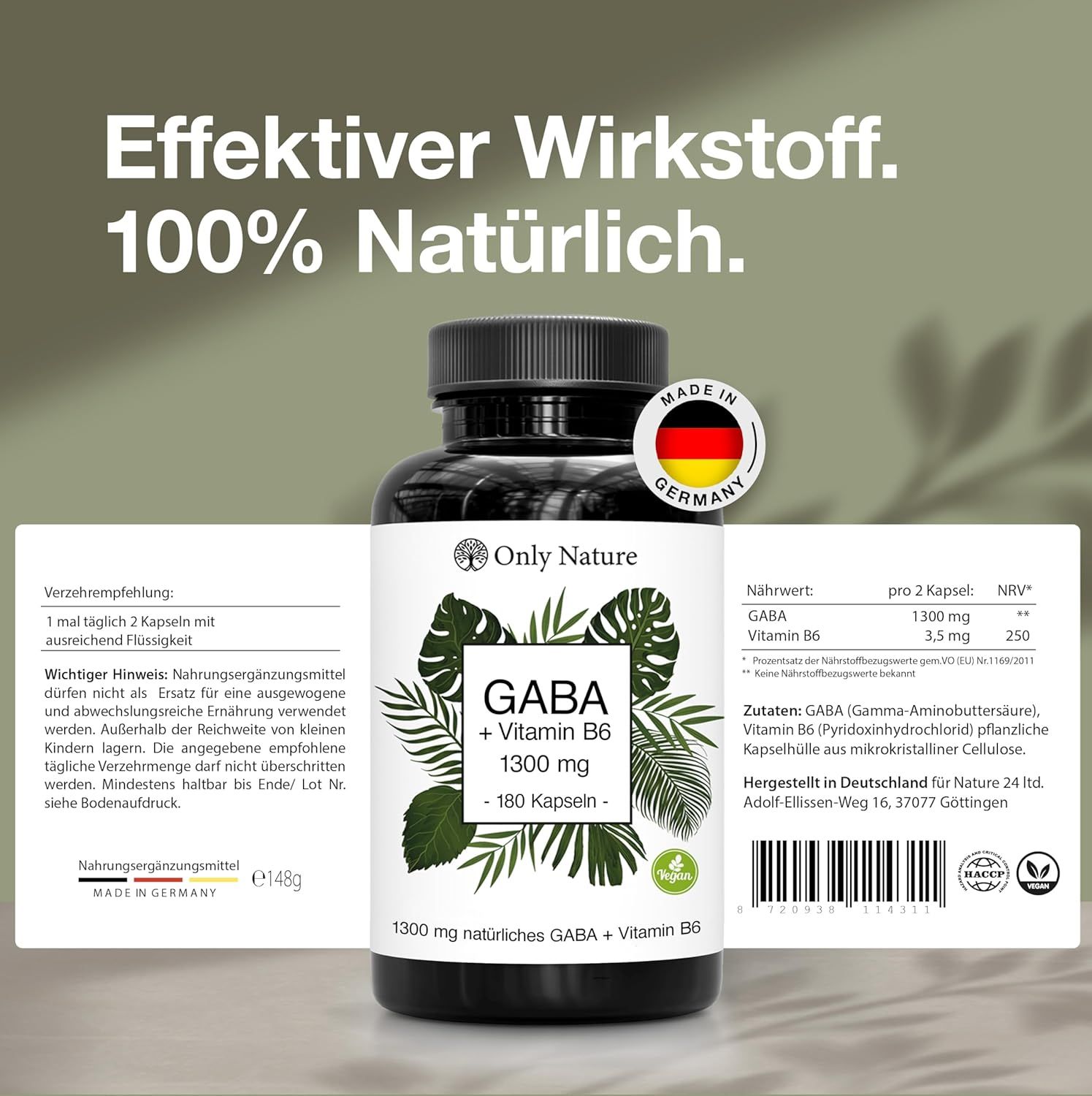 Flasche mit Etikett: GABA + Vitamin B6, 1300 mg, 180 Kapseln. Text: Effektiver Wirkstoff. 100% natürlich. Made in Germany.