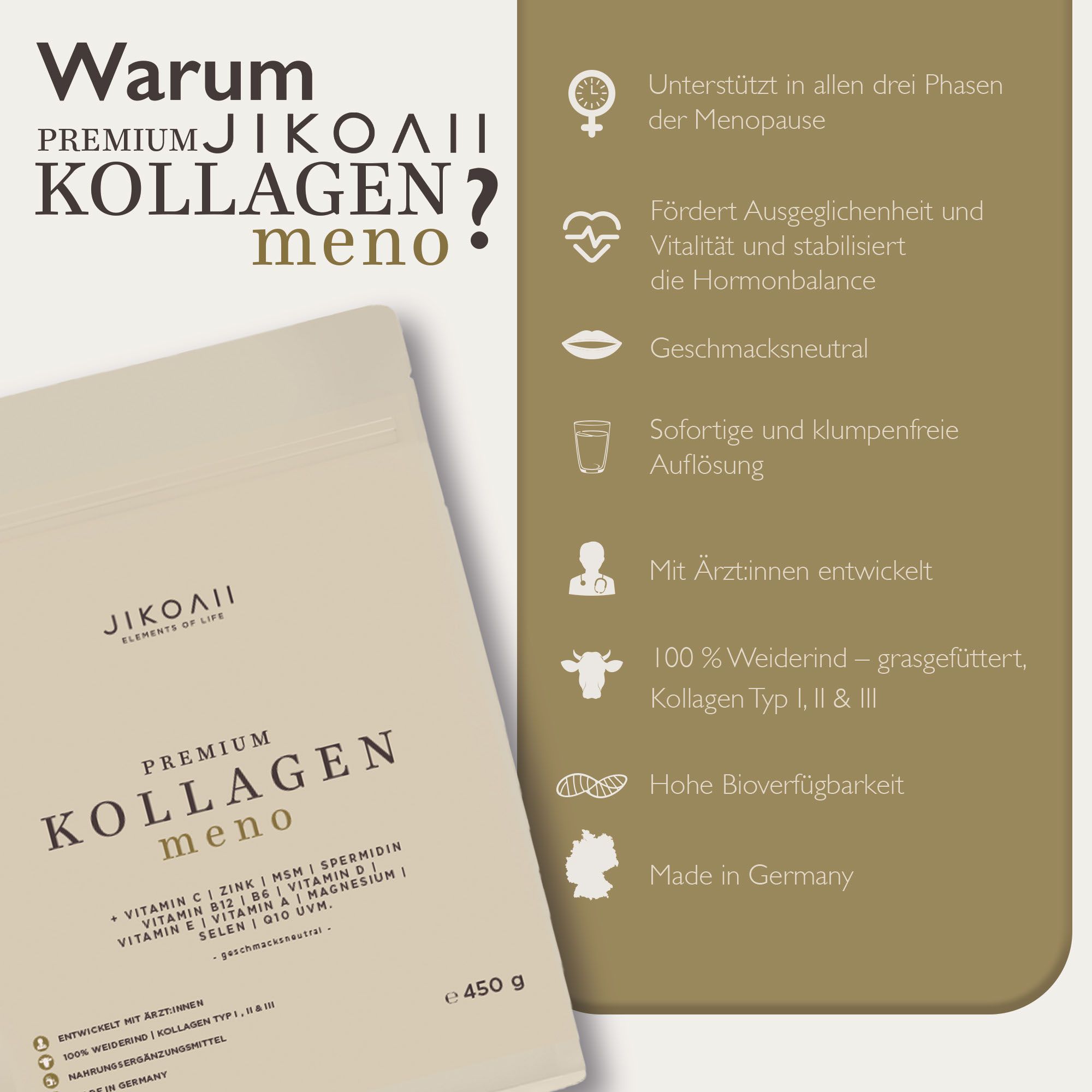 JIKOAII Kollagenpulver MENO - Kollagen mit Coenzym Q10, Zink, Spermidin & MSM - Menopausekomplex