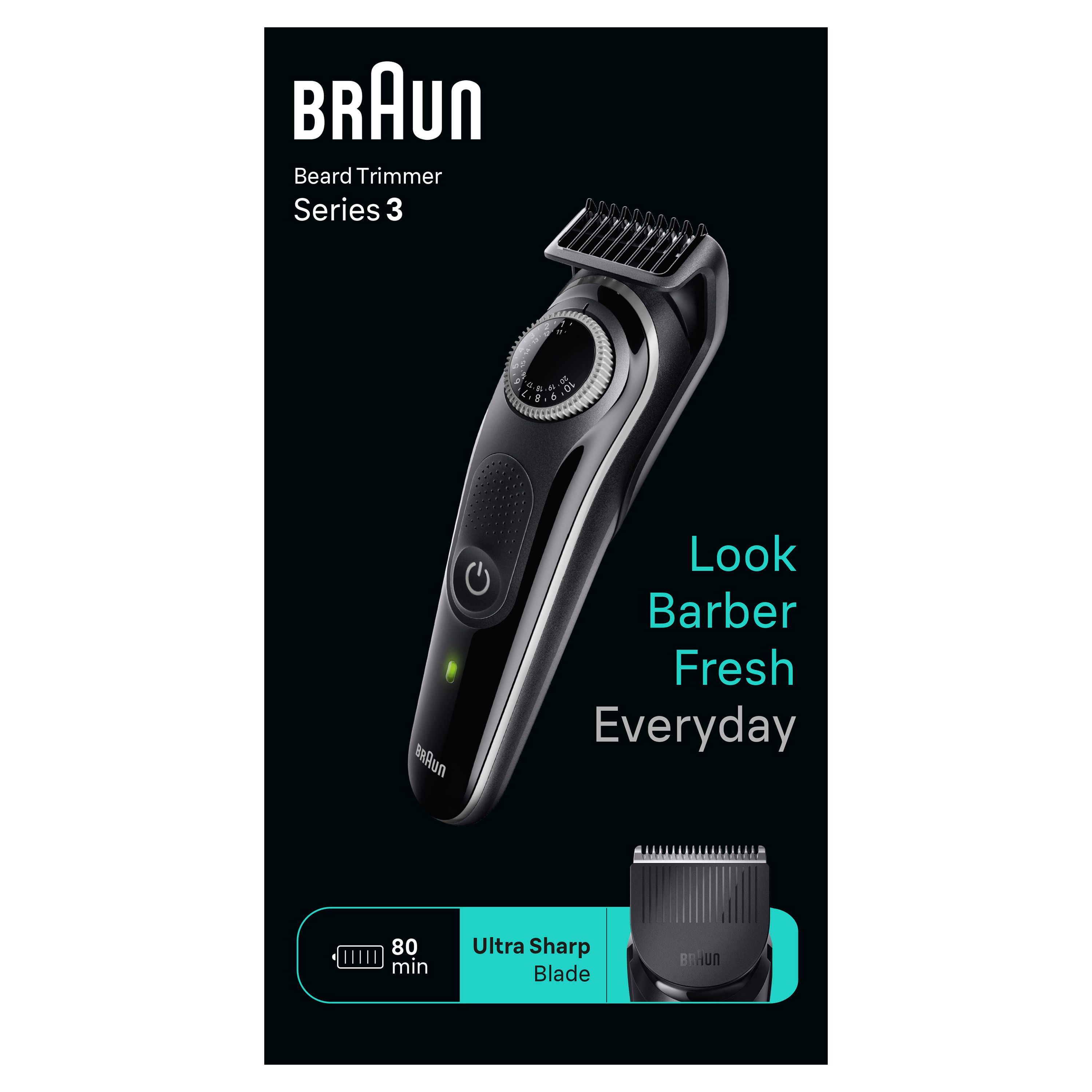Braun Bartschneider BT3440 in Schwarz mit grüner Ladeanzeige und Aufsatz. 80 Minuten Laufzeit.