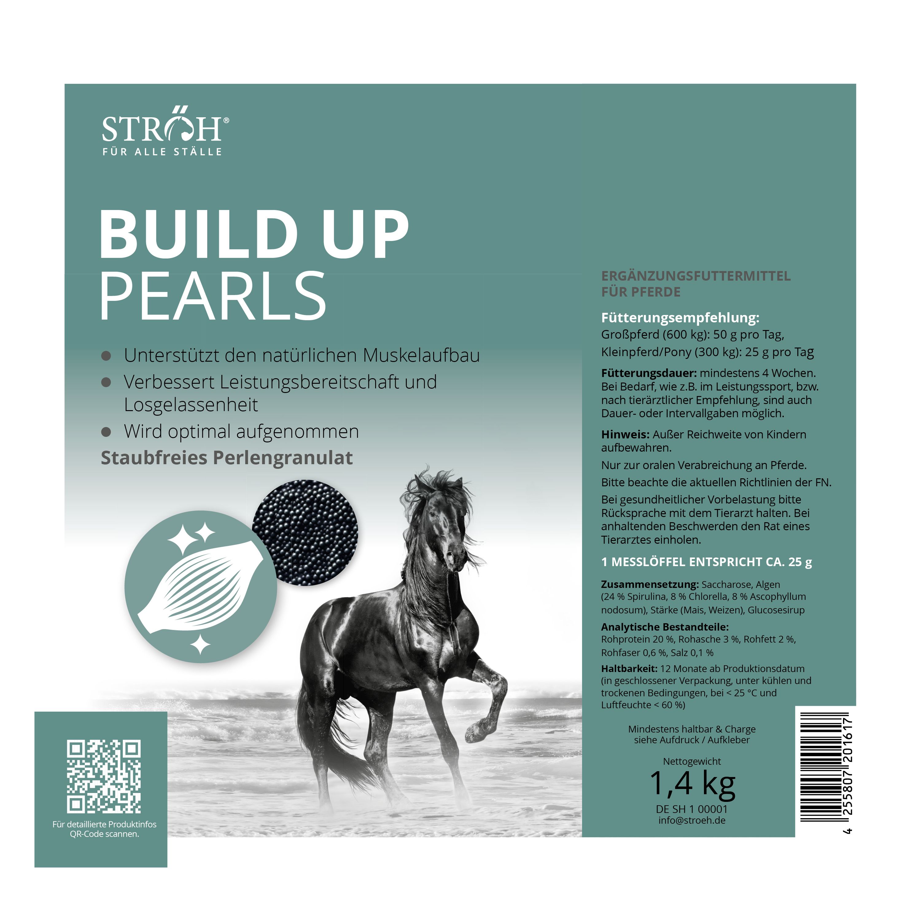 Verpackung von STRÖH Build Up Pearls. Text: Build Up Pearls, 1,4 kg. Abbildung eines Pferdes. Ergänzungsfuttermittel für Pferde.